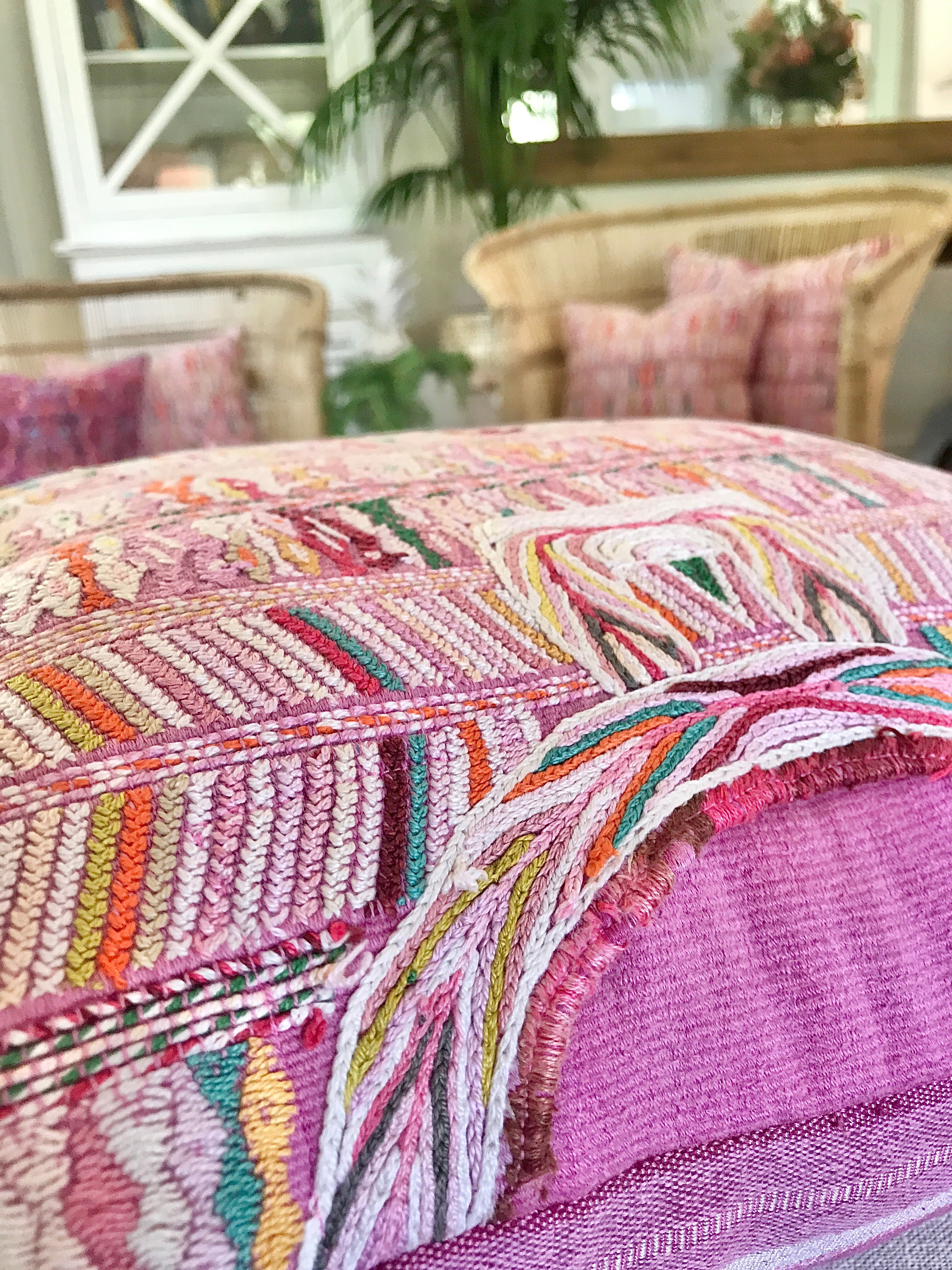 Vintage textile cushions made from a Guatemalan huipil and corte.