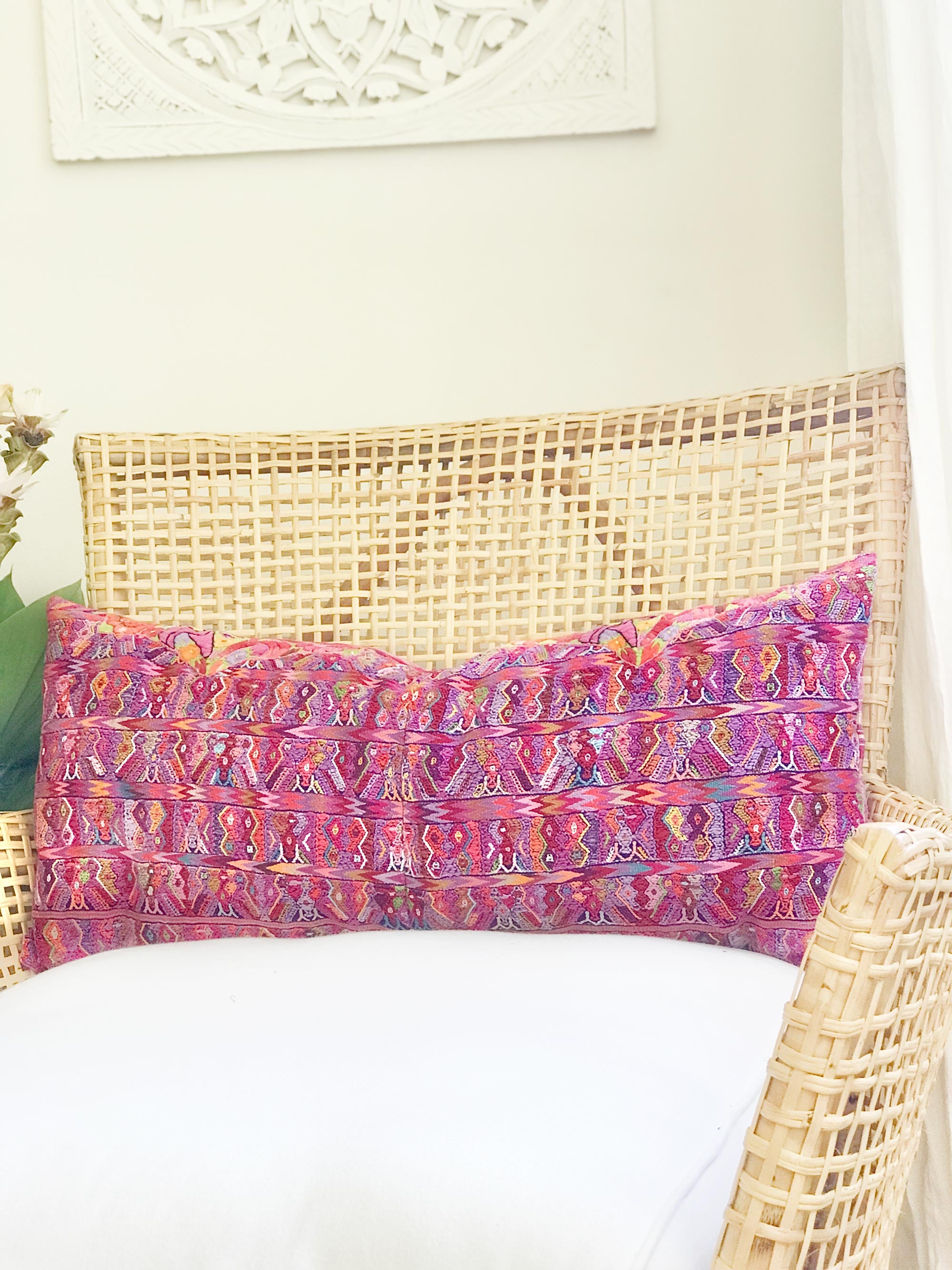 Vintage textile pillows made from a Guatemalan huipil and corte.