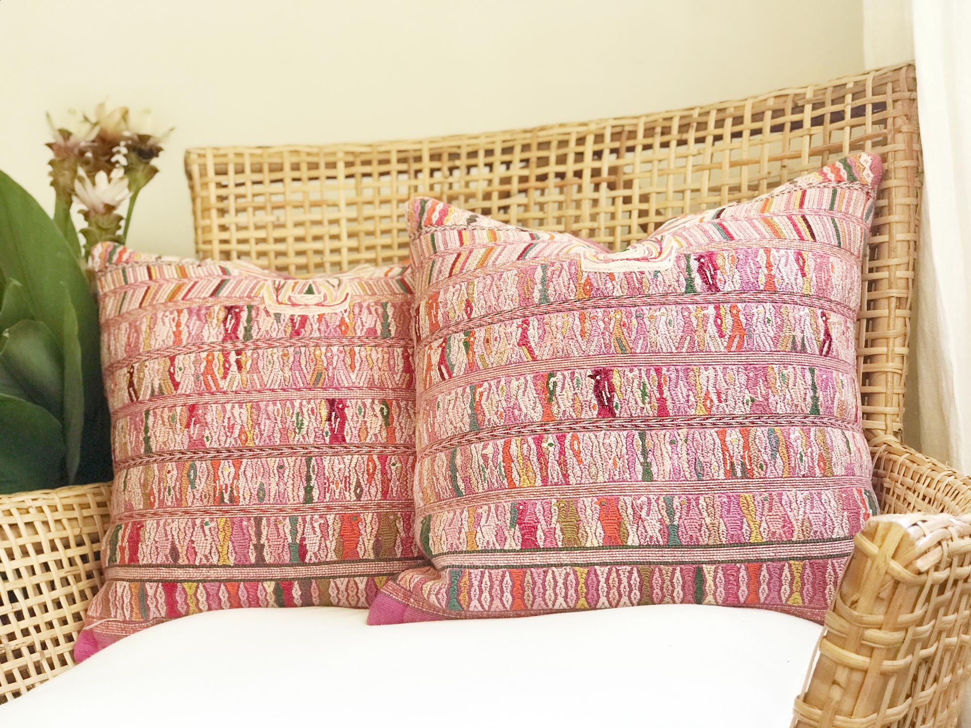 Vintage textile cushions made from a Guatemalan huipil and corte.
