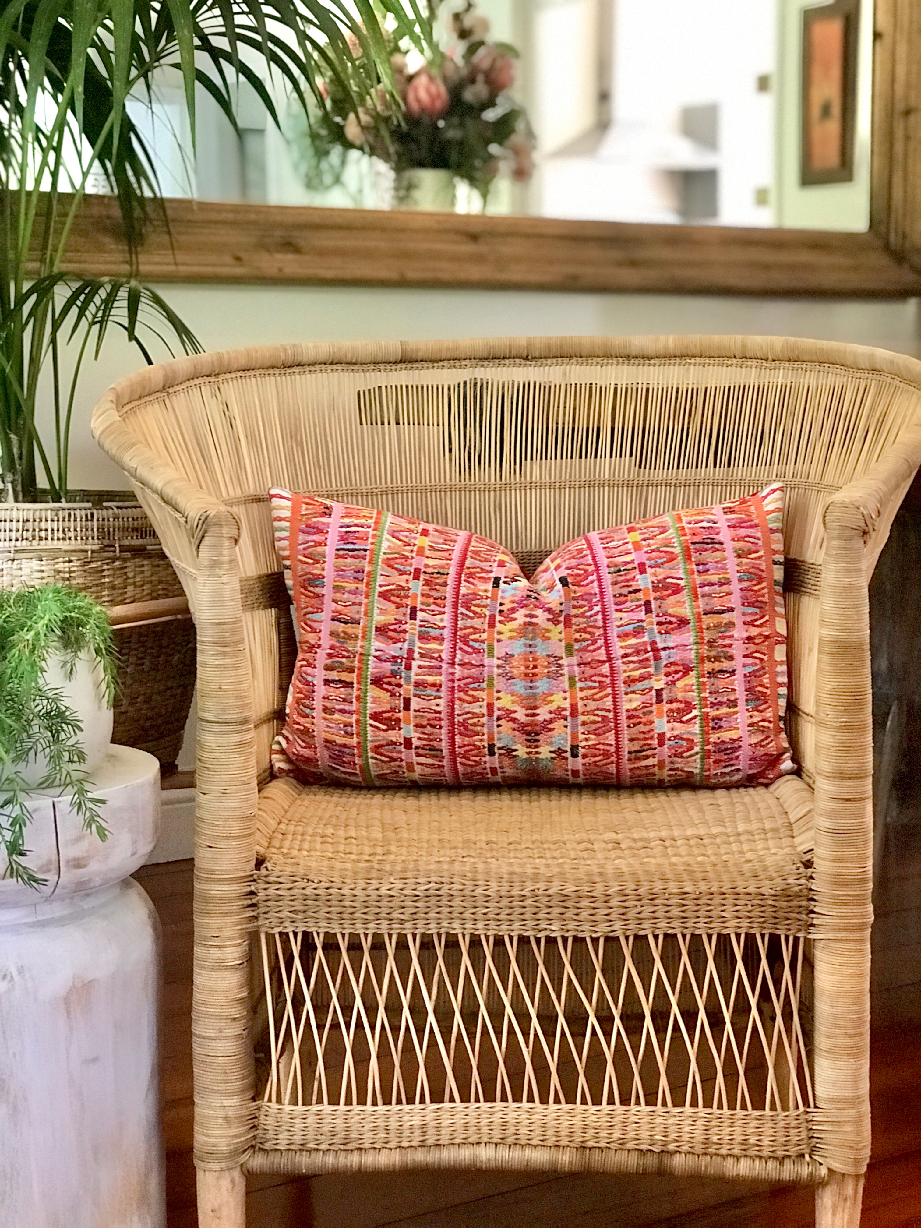 Vintage textile cushions made from a Guatemalan huipil and corte.
