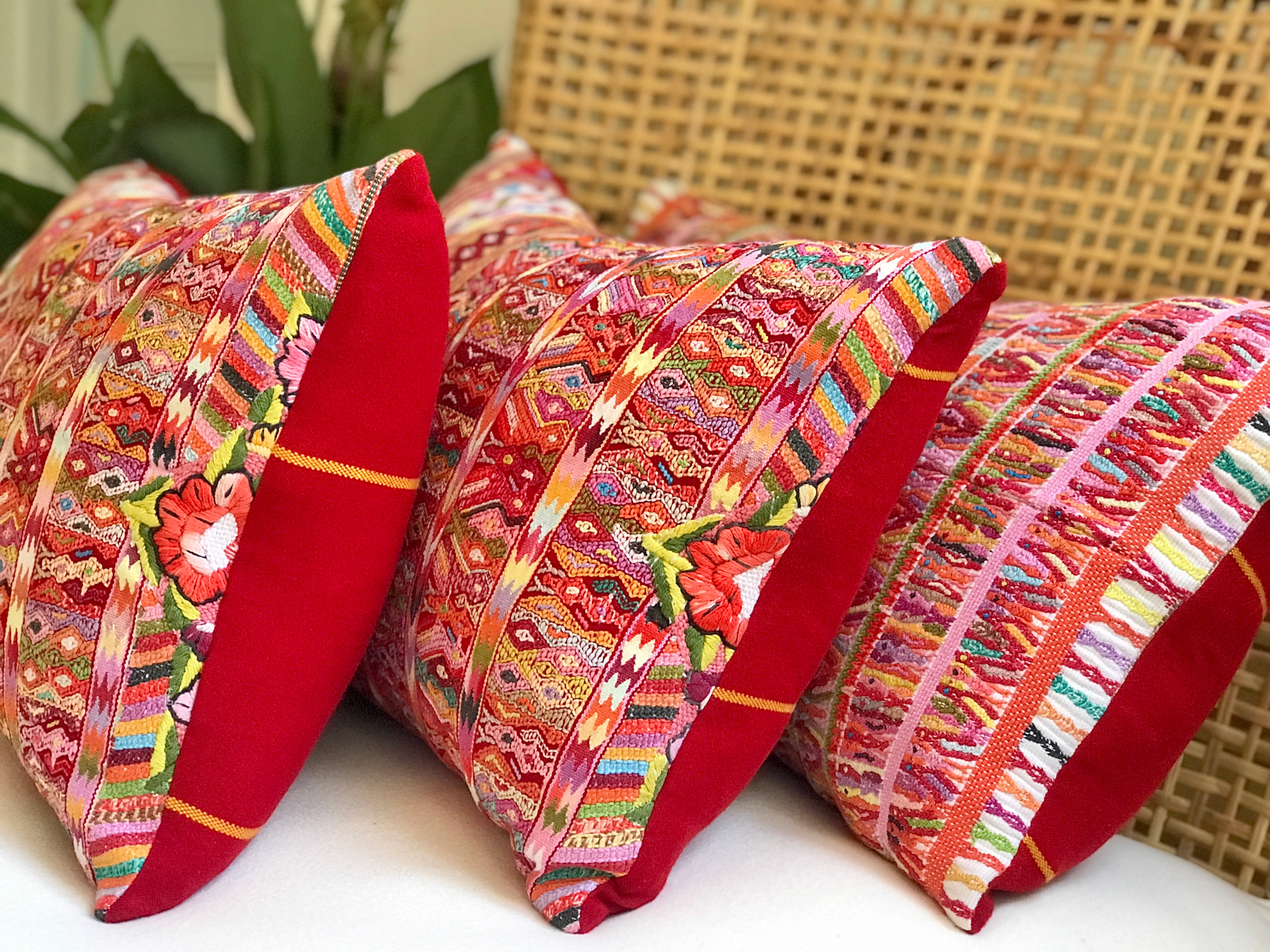 Vintage textile cushions made from a Guatemalan huipil and corte.