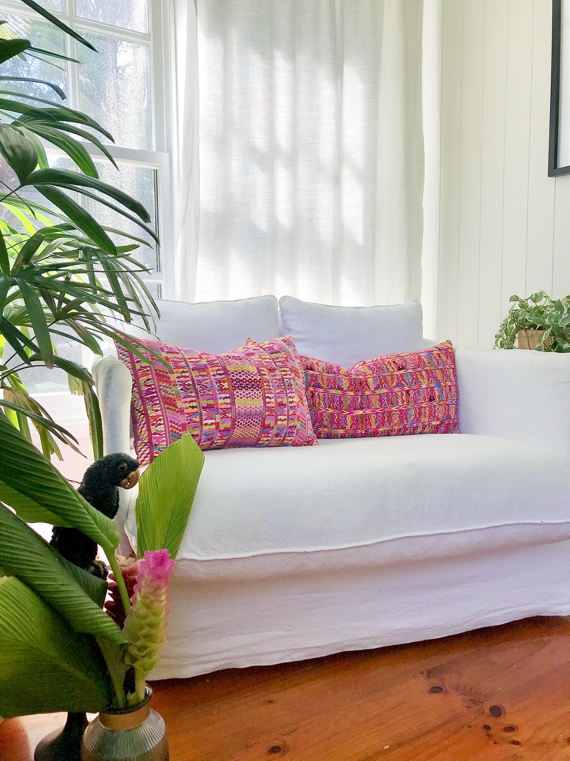 Vintage textile pillows made from a Guatemalan huipil and corte.