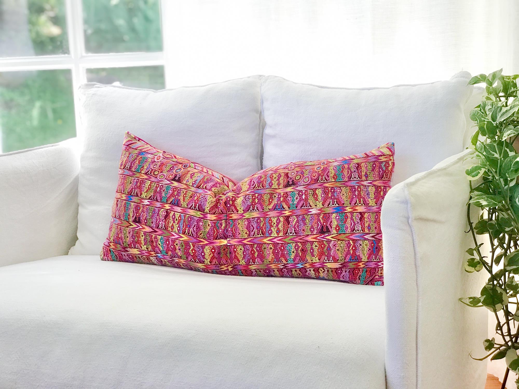 Vintage textile pillows made from a Guatemalan huipil and corte.