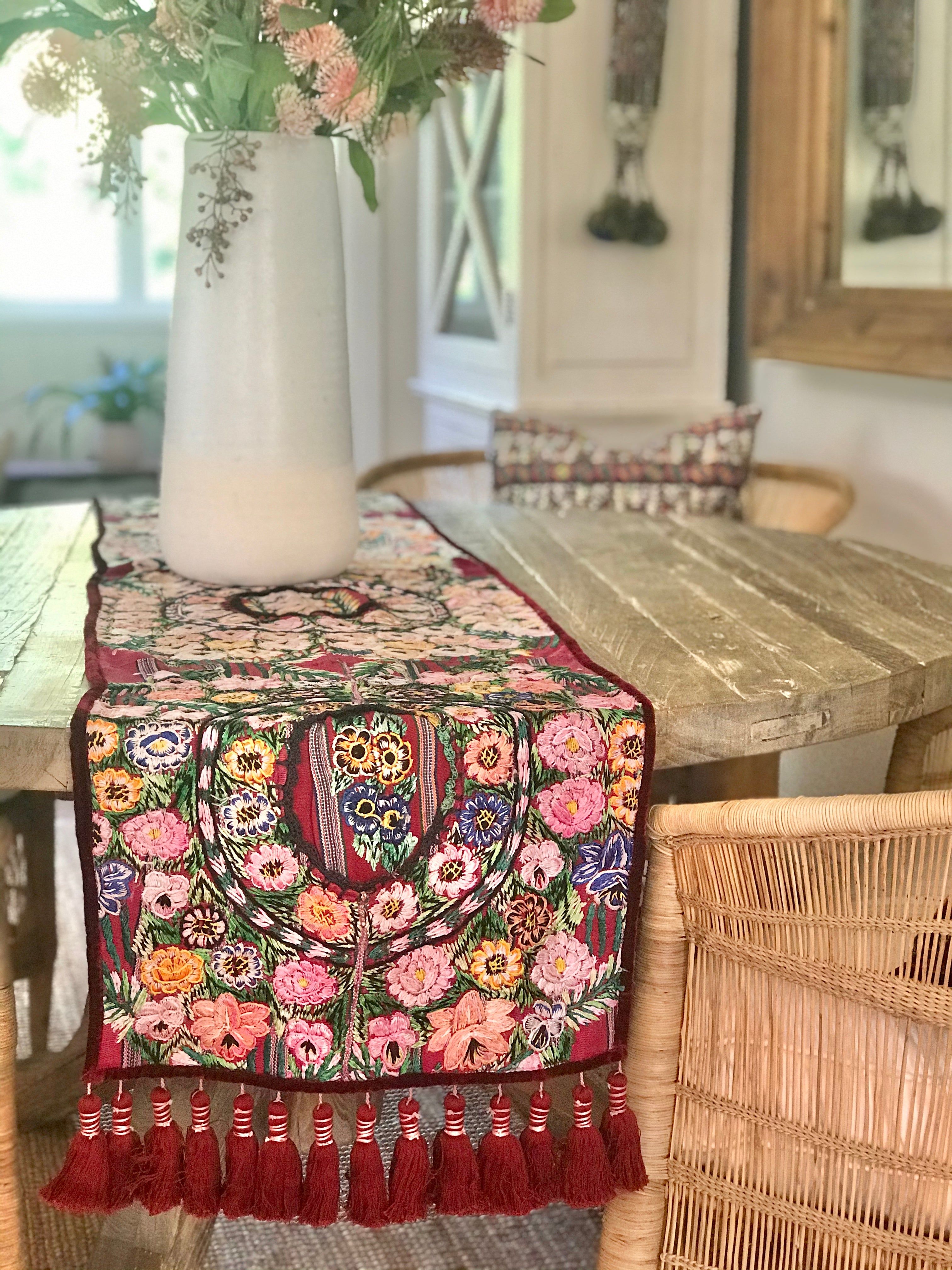 Guatemalan Textile, floral table runner with tassels made from 4 huipiles from Patzun