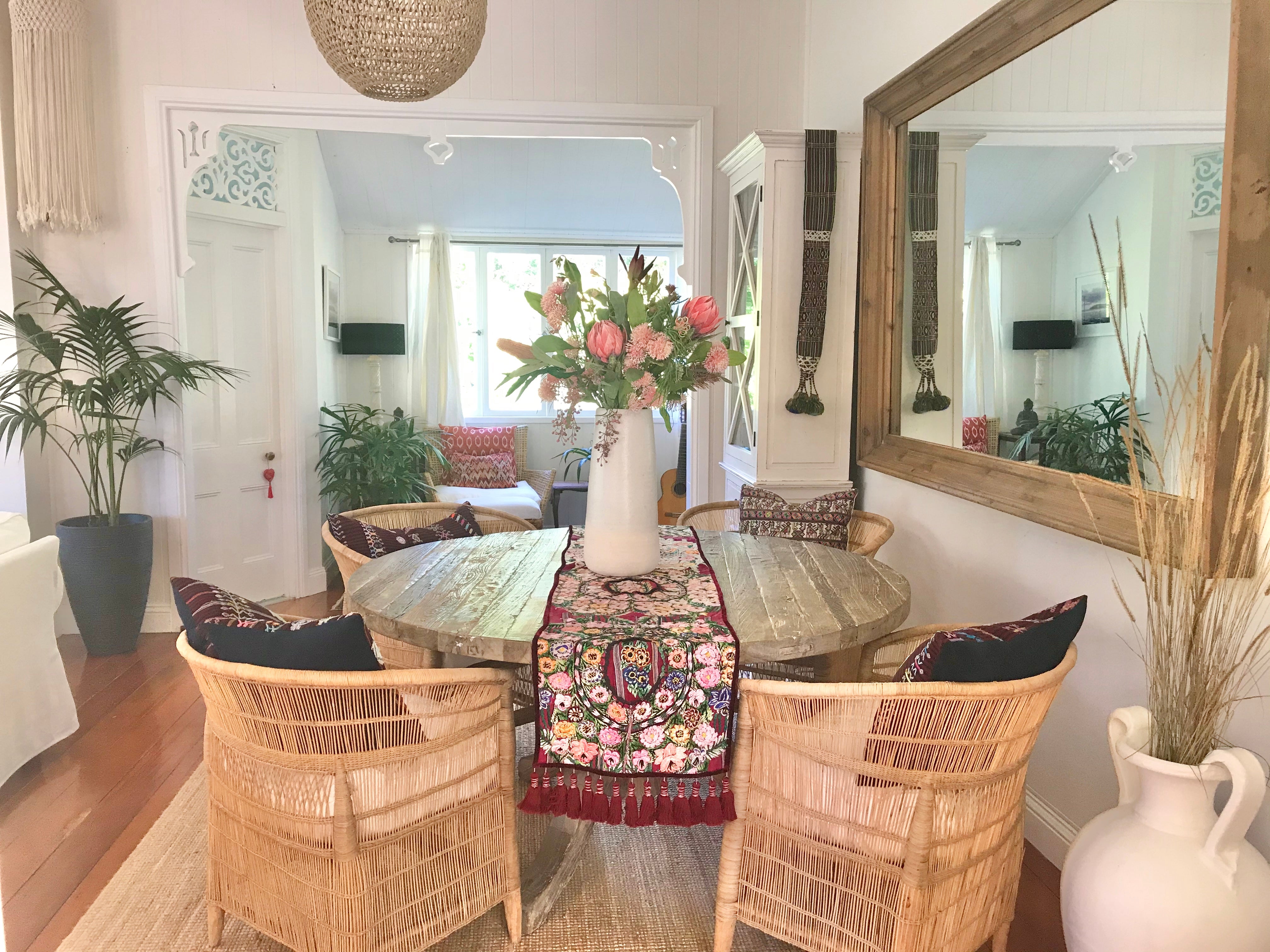 Guatemalan Textile, floral table runner with tassels made from 4 huipiles from Patzun