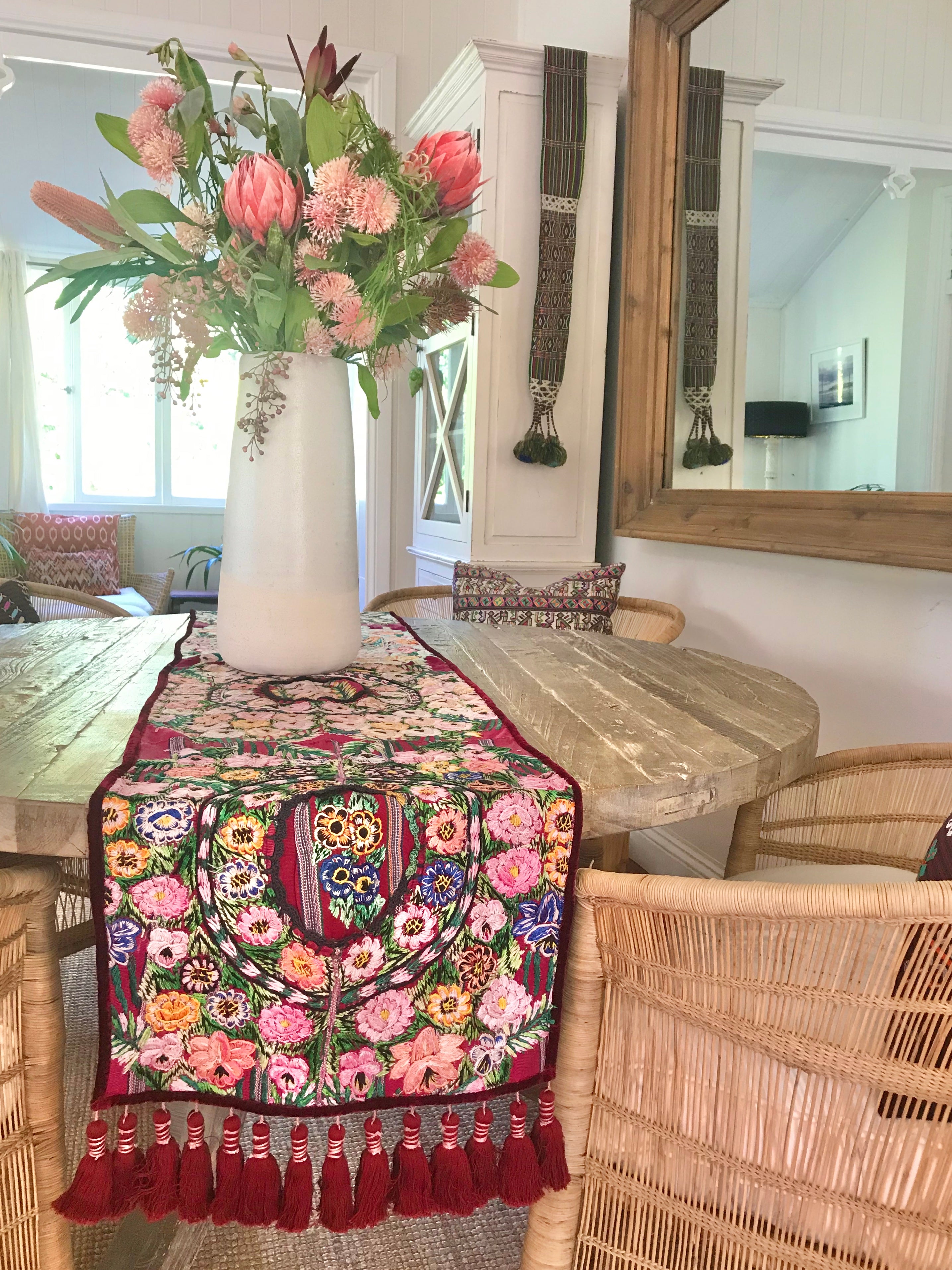 Guatemalan Textile, floral table runner with tassels made from 4 huipiles from Patzun