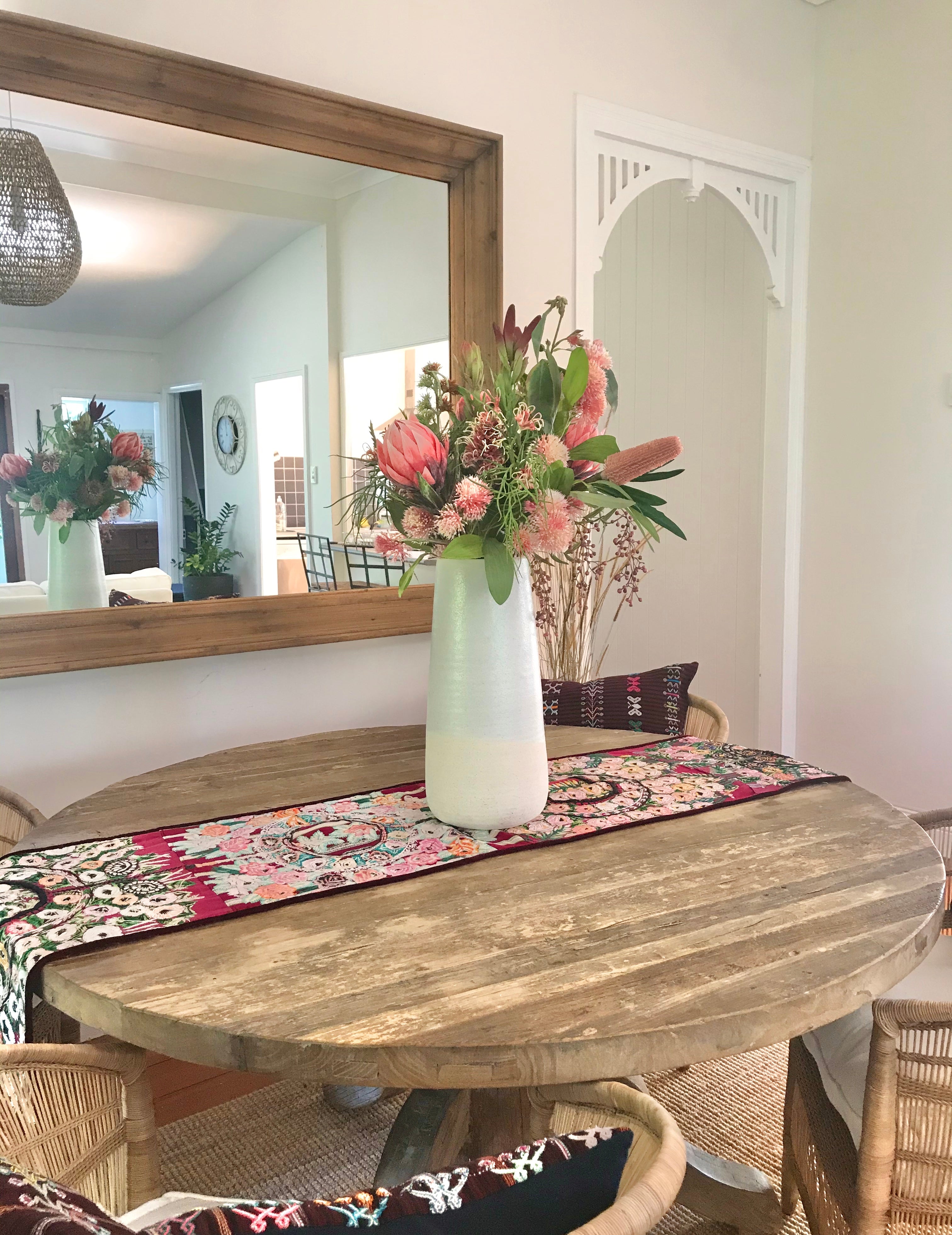 Guatemalan Textile, floral table runner with tassels made from 4 huipiles from Patzun