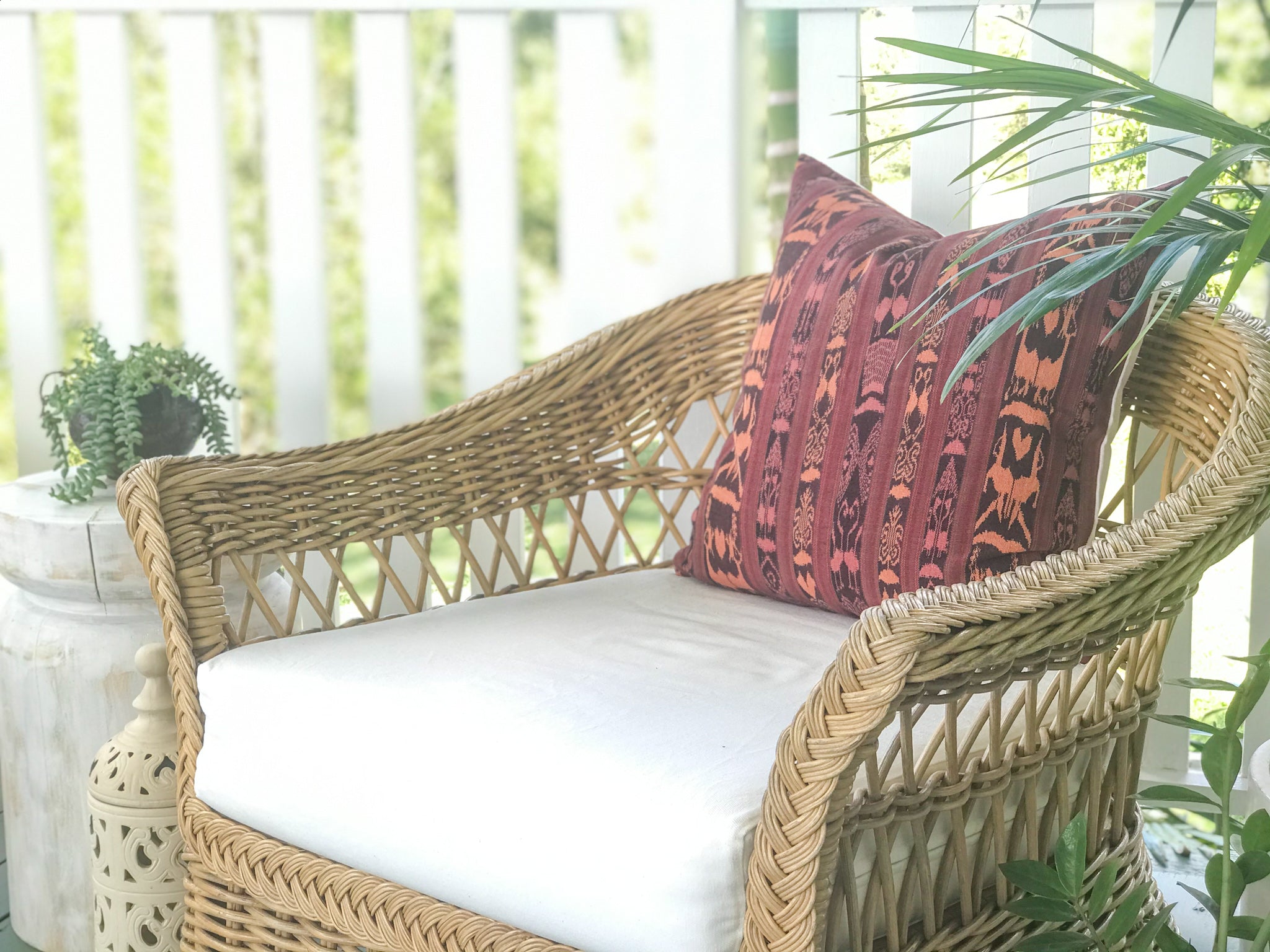 Guatemalan Corte Pillow, hand woven coral ikat throw cushion with tassels