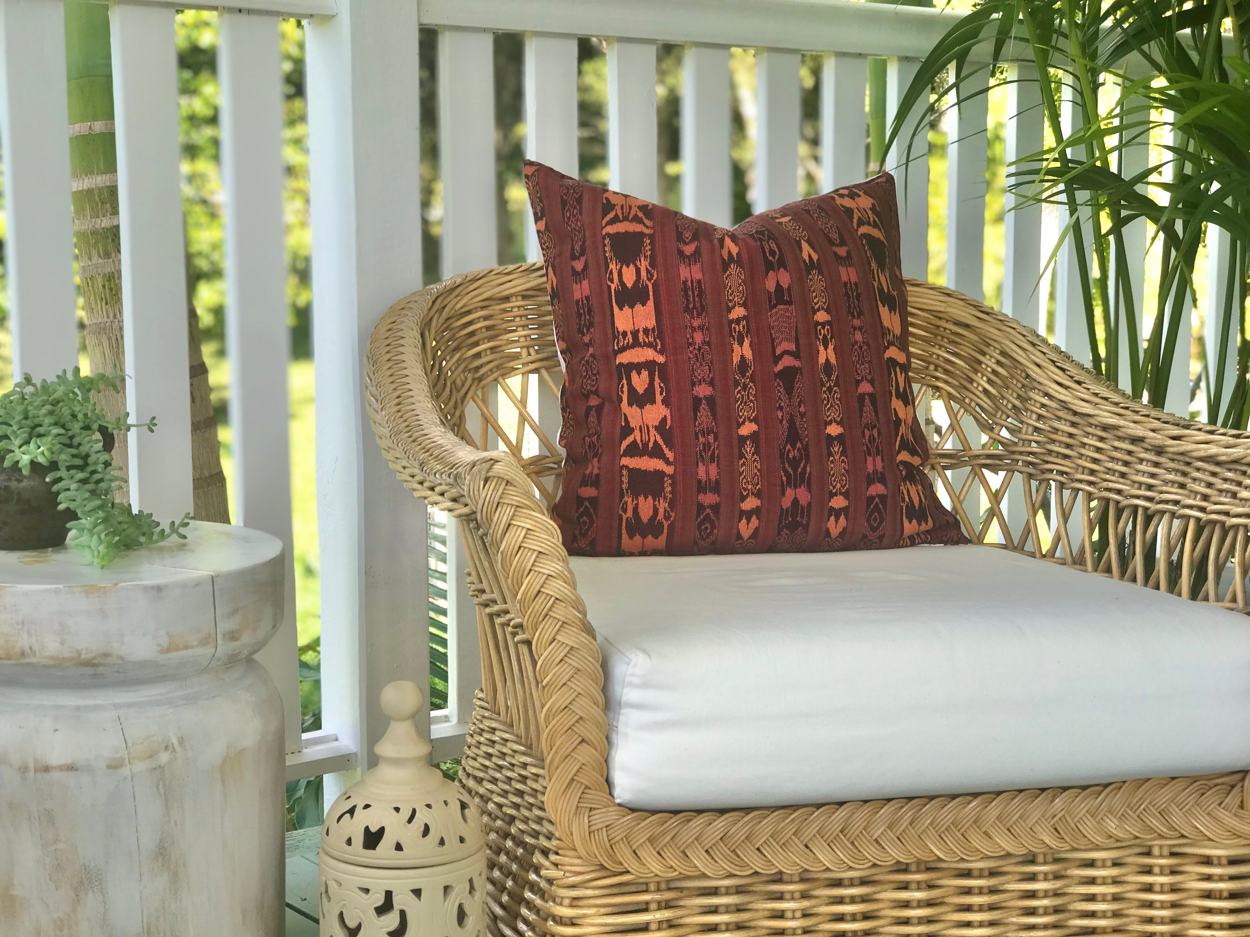 Guatemalan Corte Pillow, hand woven coral ikat throw cushion with tassels