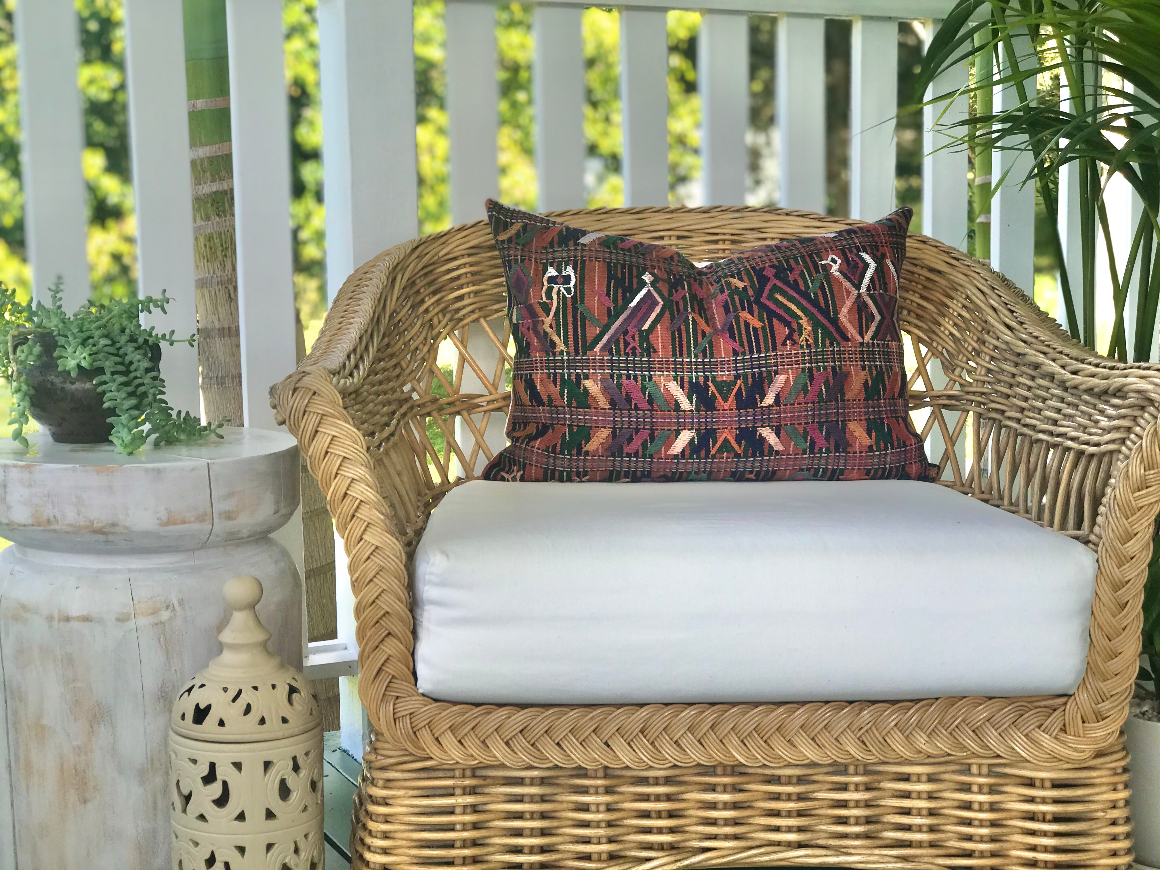 Guatemalan Textile Pillow, Vintage, hand woven coral lumbar cushion from Nebaj