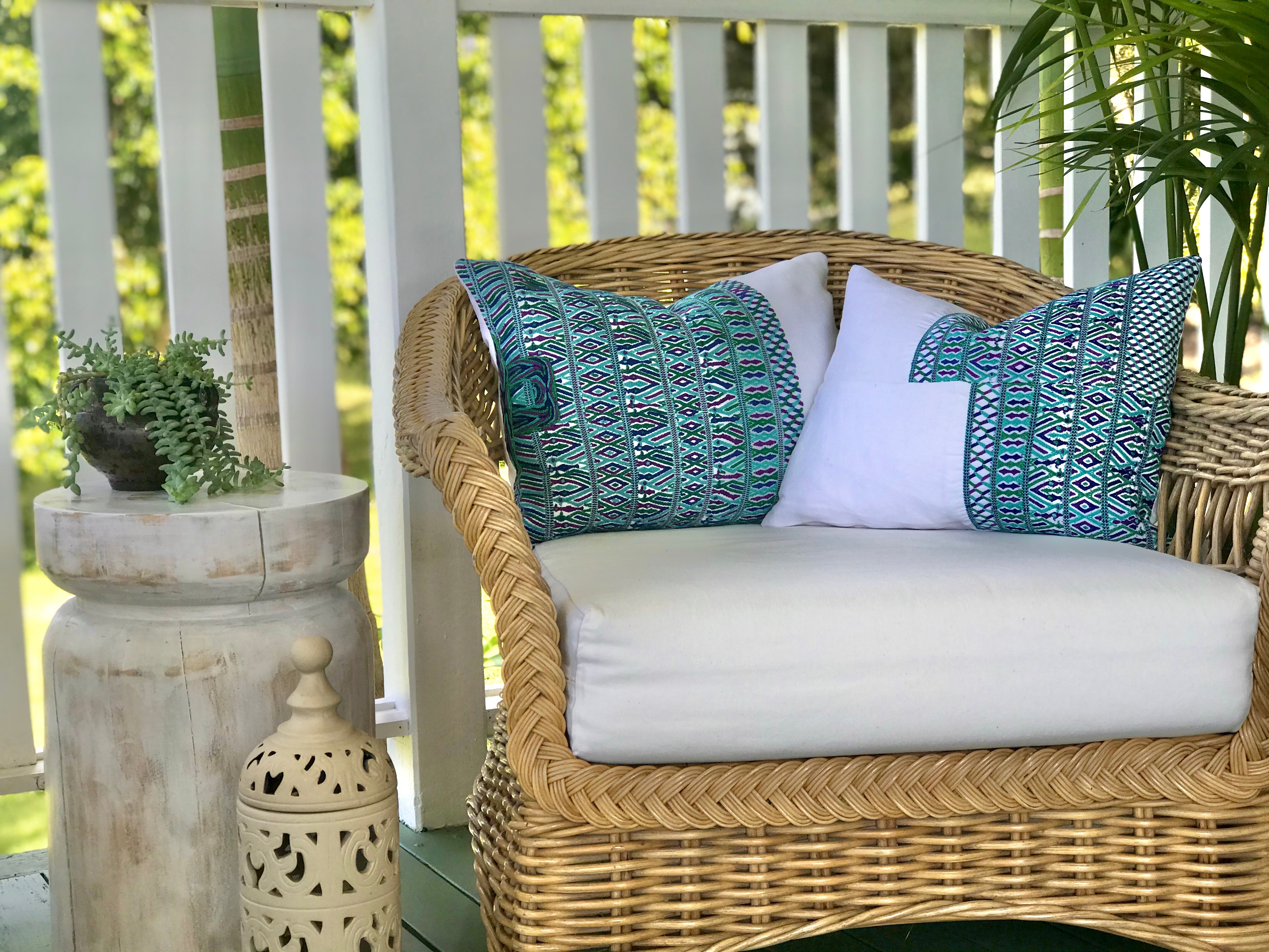 Guatemalan Huipil Pillow, vintage, hand woven blue and white lumbar cushion from San Juan Cotzal