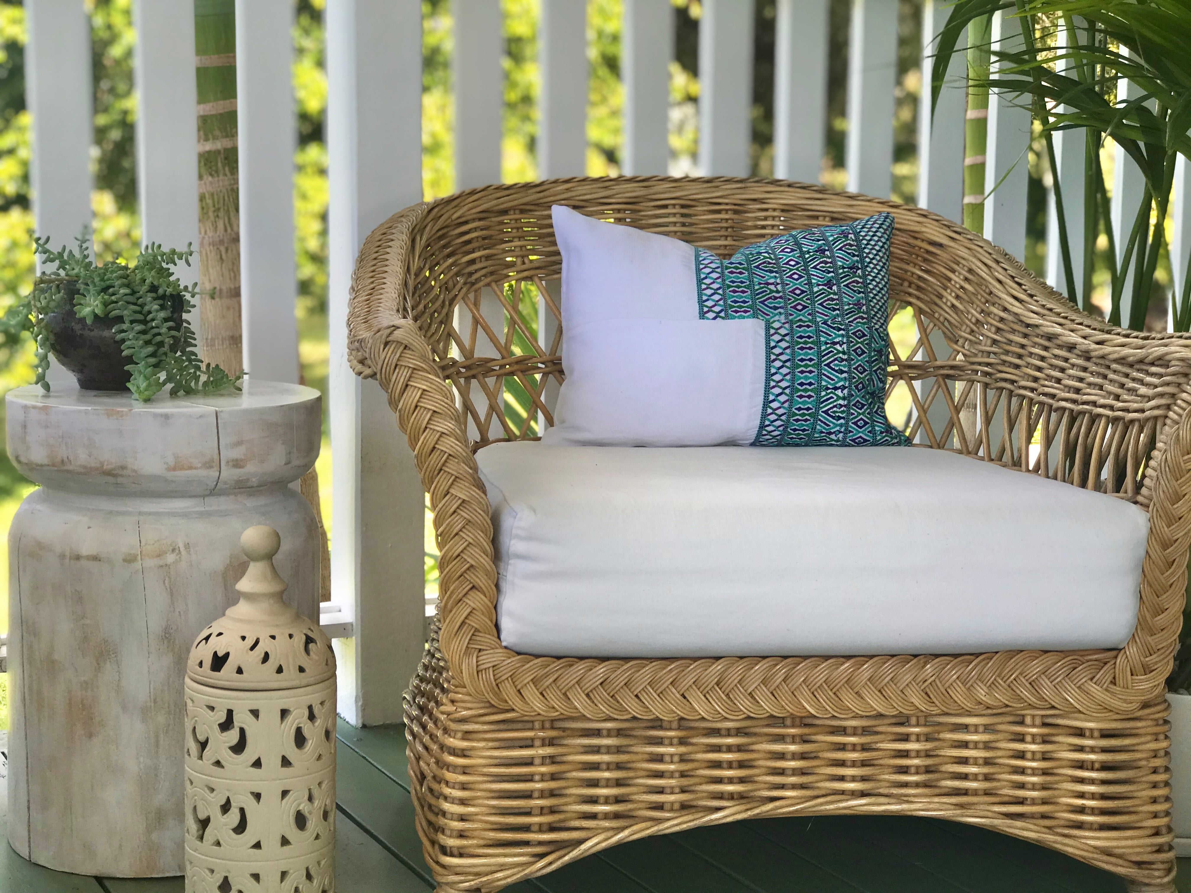 Guatemalan Huipil Pillow, vintage, hand woven blue and white lumbar cushion from San Juan Cotzal