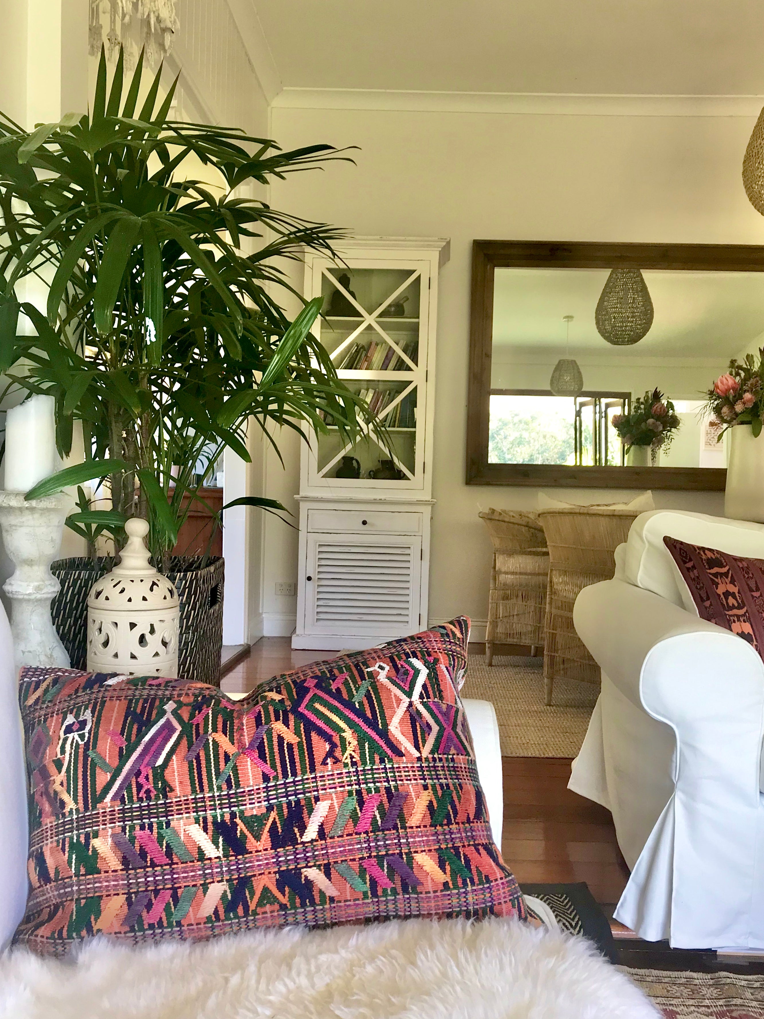 Guatemalan Textile Pillow, Vintage, hand woven coral lumbar cushion from Nebaj