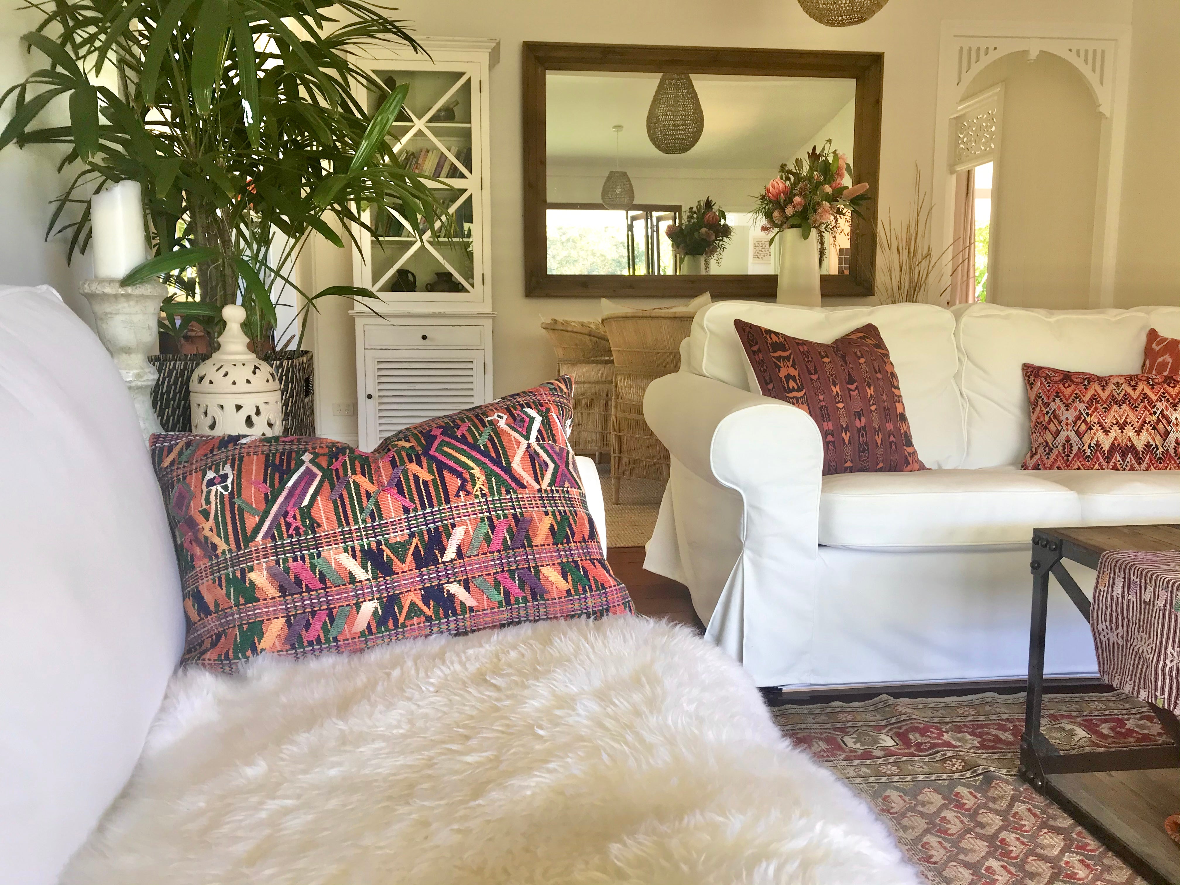 Guatemalan Textile Pillow, Vintage, hand woven coral lumbar cushion from Nebaj