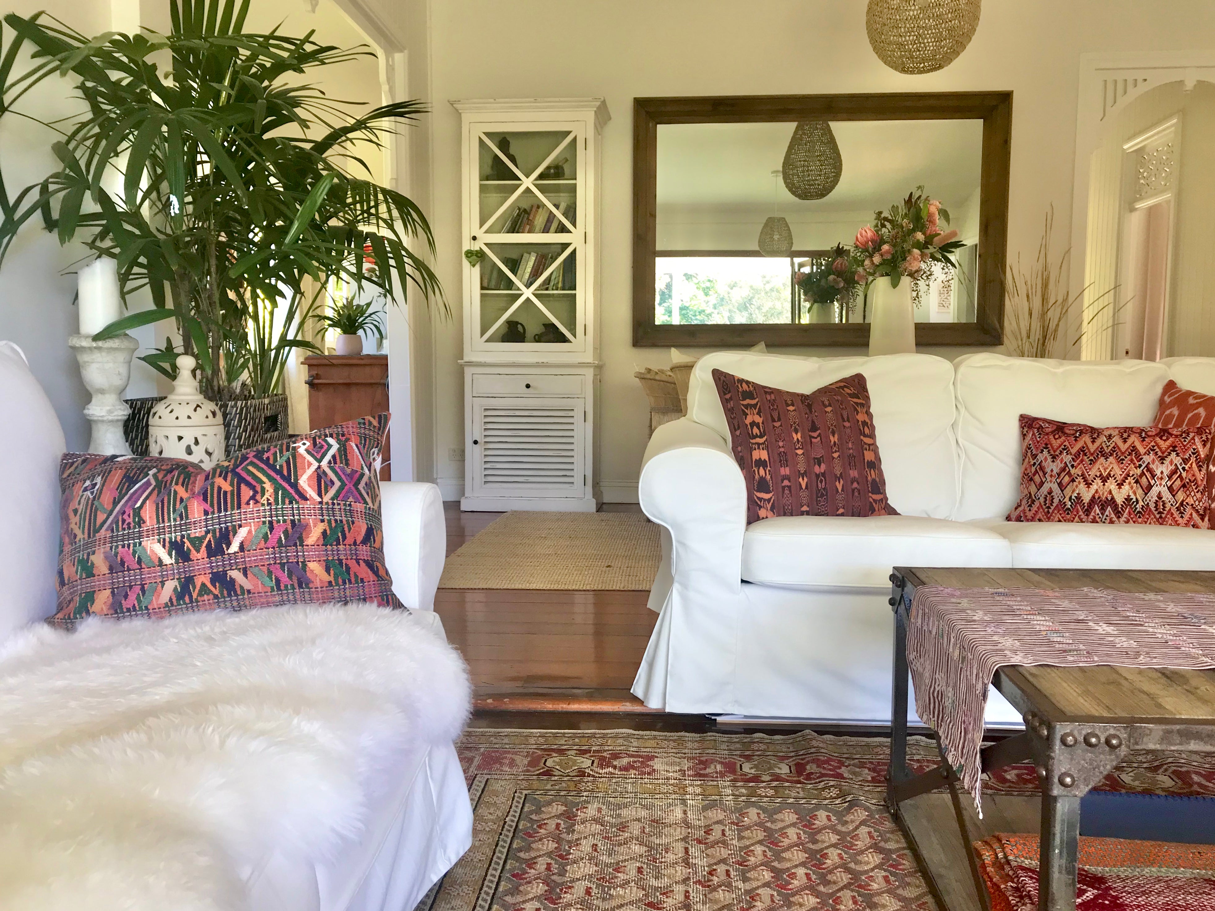 Guatemalan Textile Pillow, Vintage, hand woven coral lumbar cushion from Nebaj