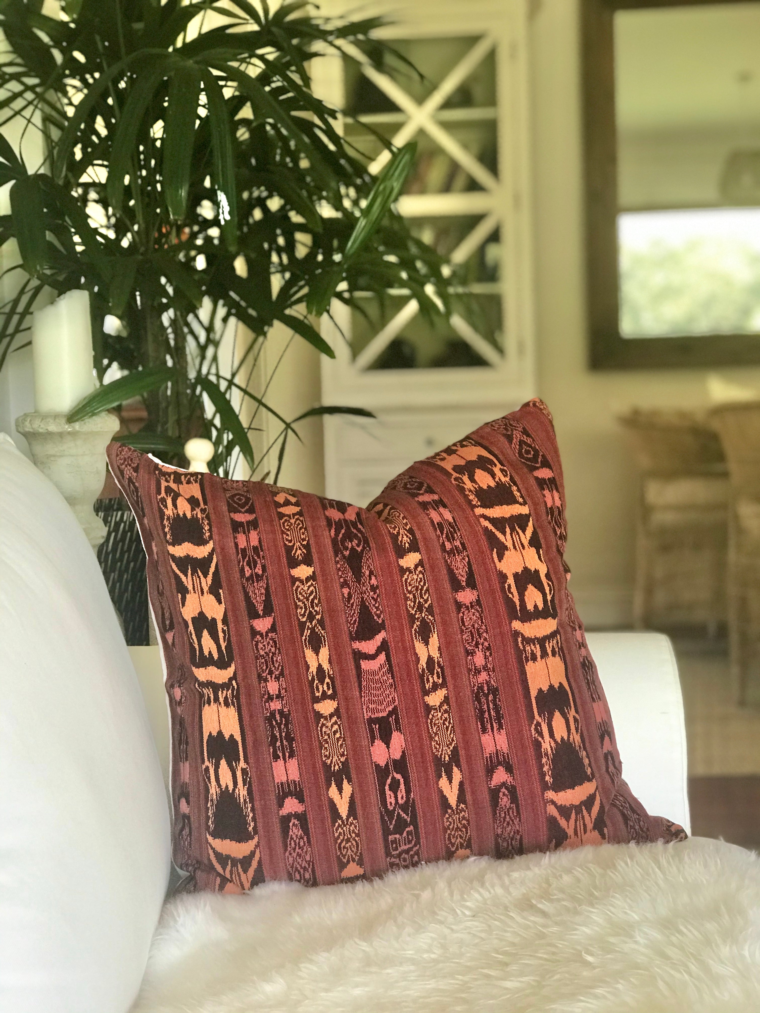 Guatemalan Corte Pillow, hand woven coral ikat throw cushion with tassels