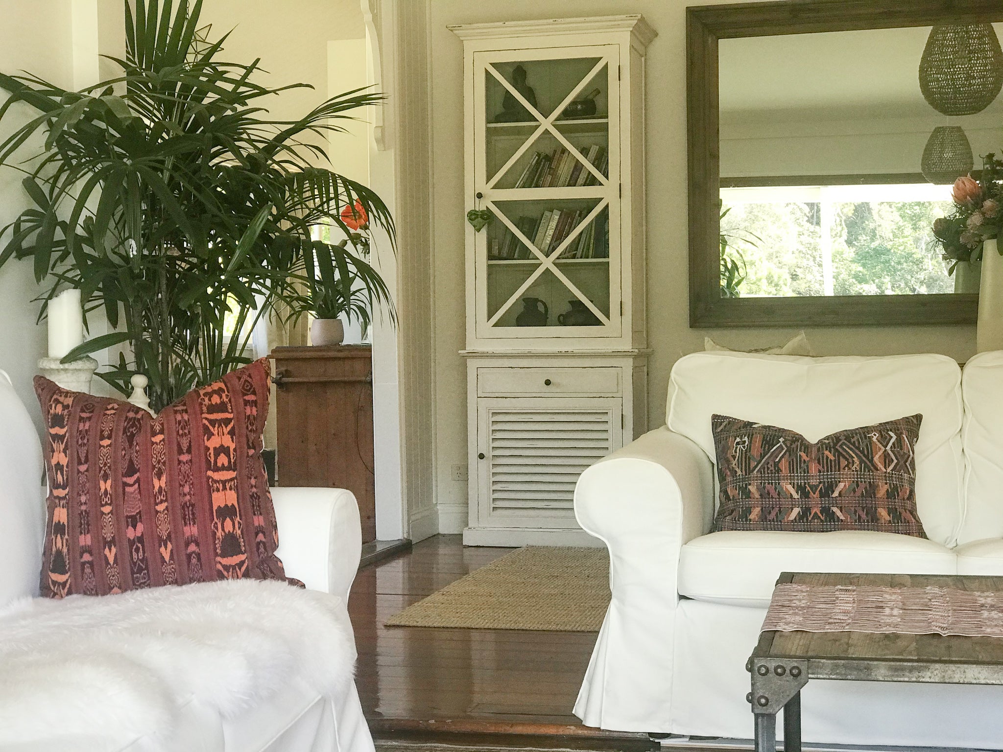 Guatemalan Corte Pillow, hand woven coral ikat throw cushion with tassels