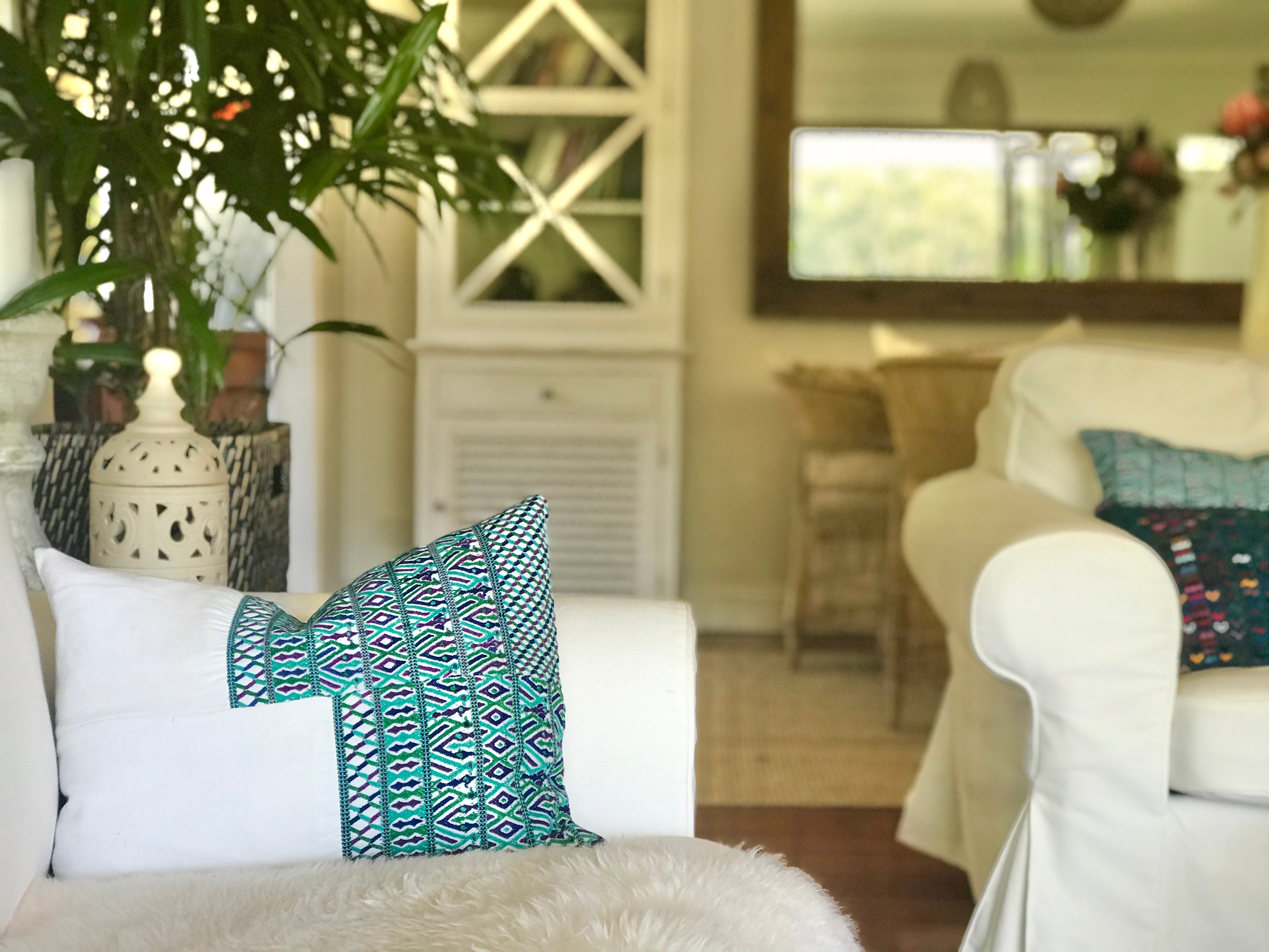 Guatemalan Huipil Pillow, vintage, hand woven blue and white lumbar cushion from San Juan Cotzal