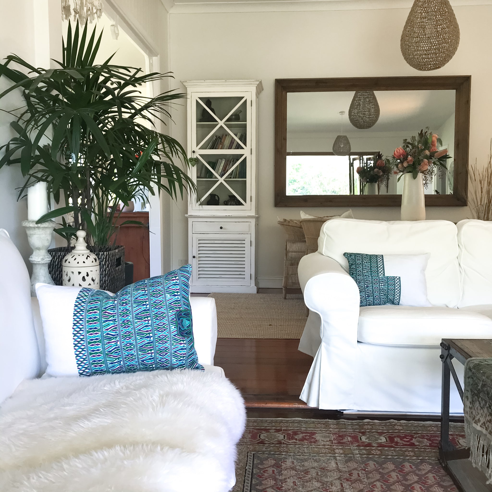 Guatemalan Huipil Pillow, vintage, hand woven blue and white lumbar cushion from San Juan Cotzal