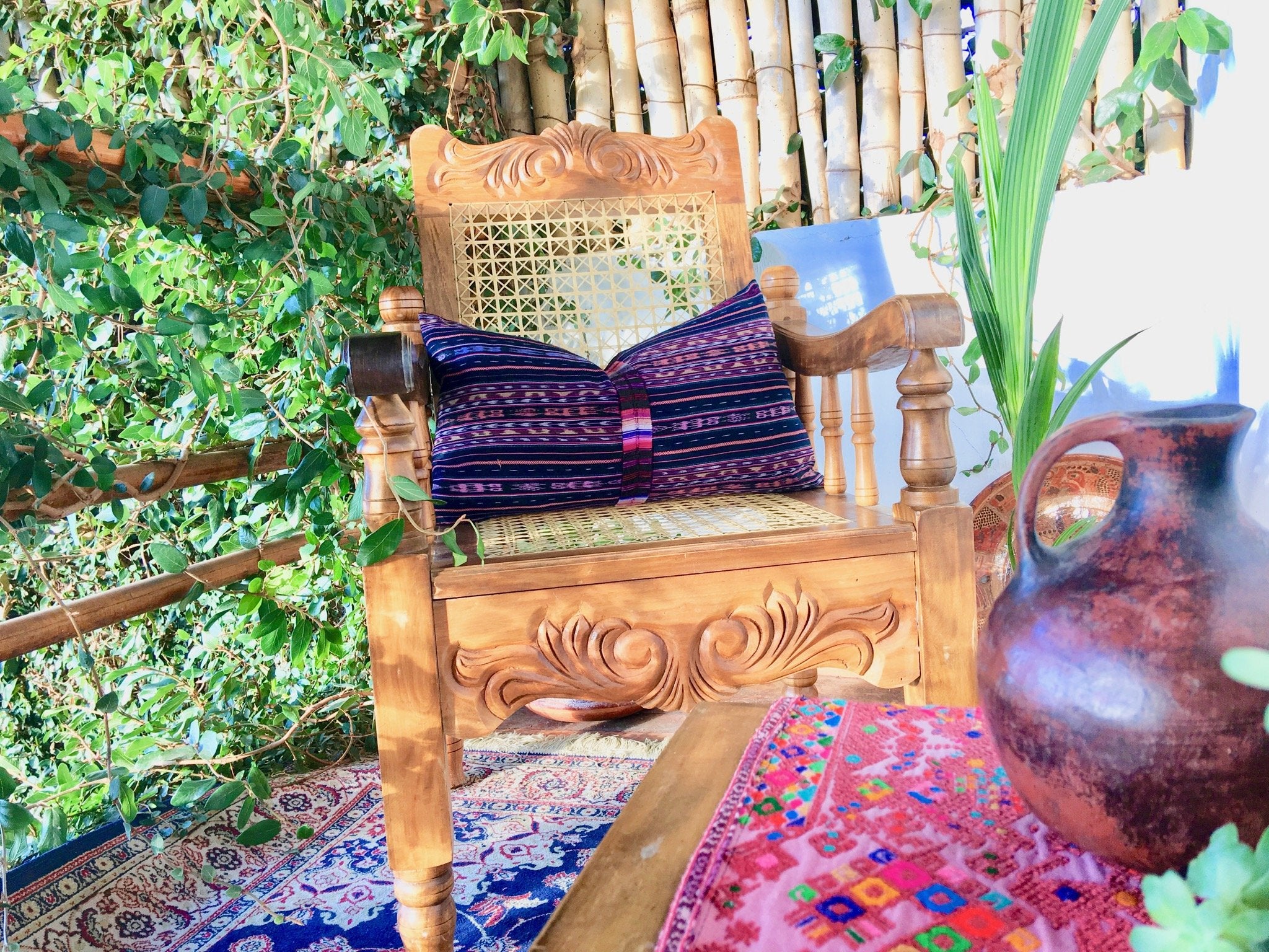 Guatemalan Textile Pillow, vintage, hand woven navy blue and pink striped ikat lumbar cushion