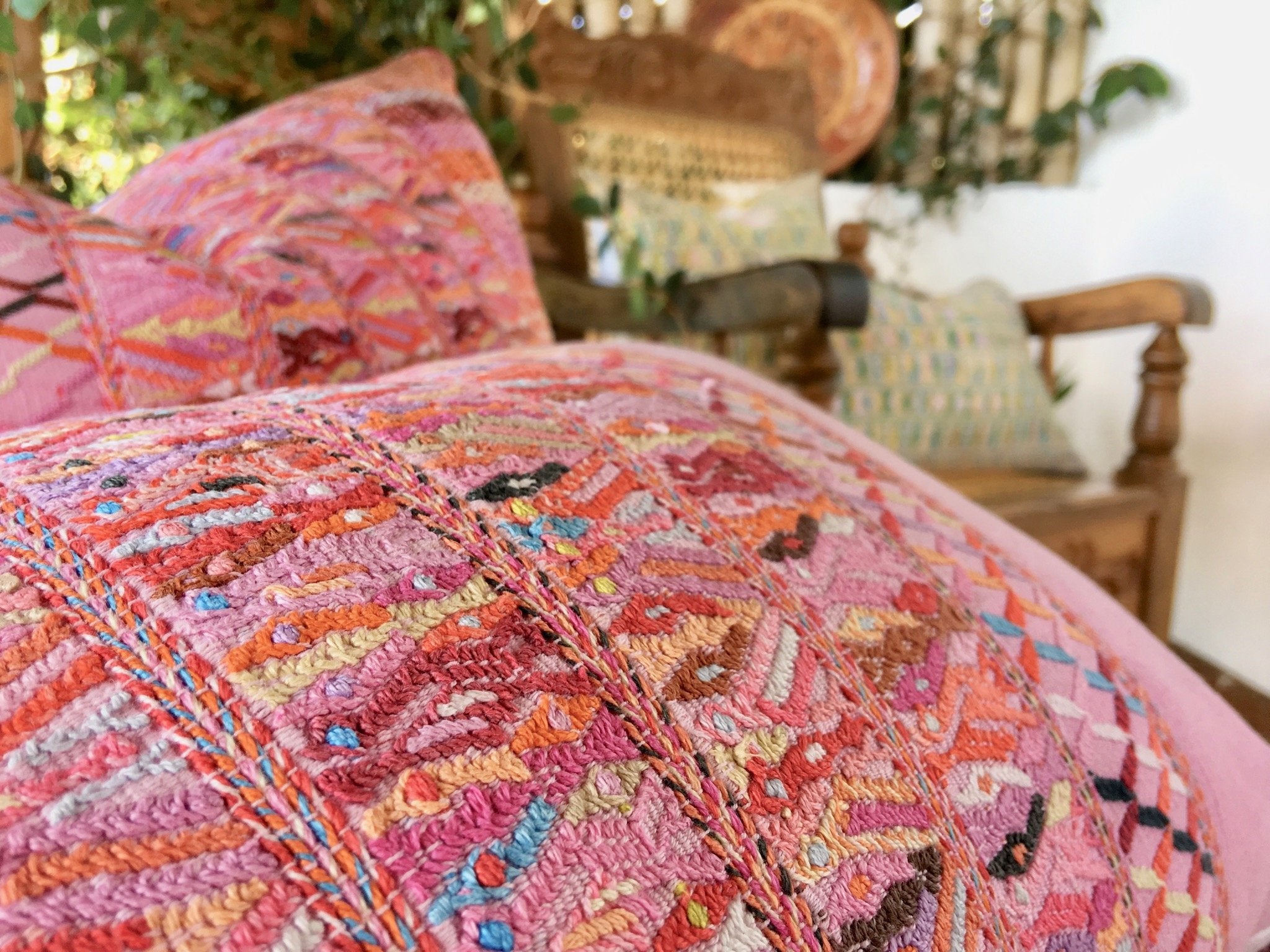 Guatemalan Huipil Pillow, vintage, hand woven pink lumbar cushion from San Juan Cotzal