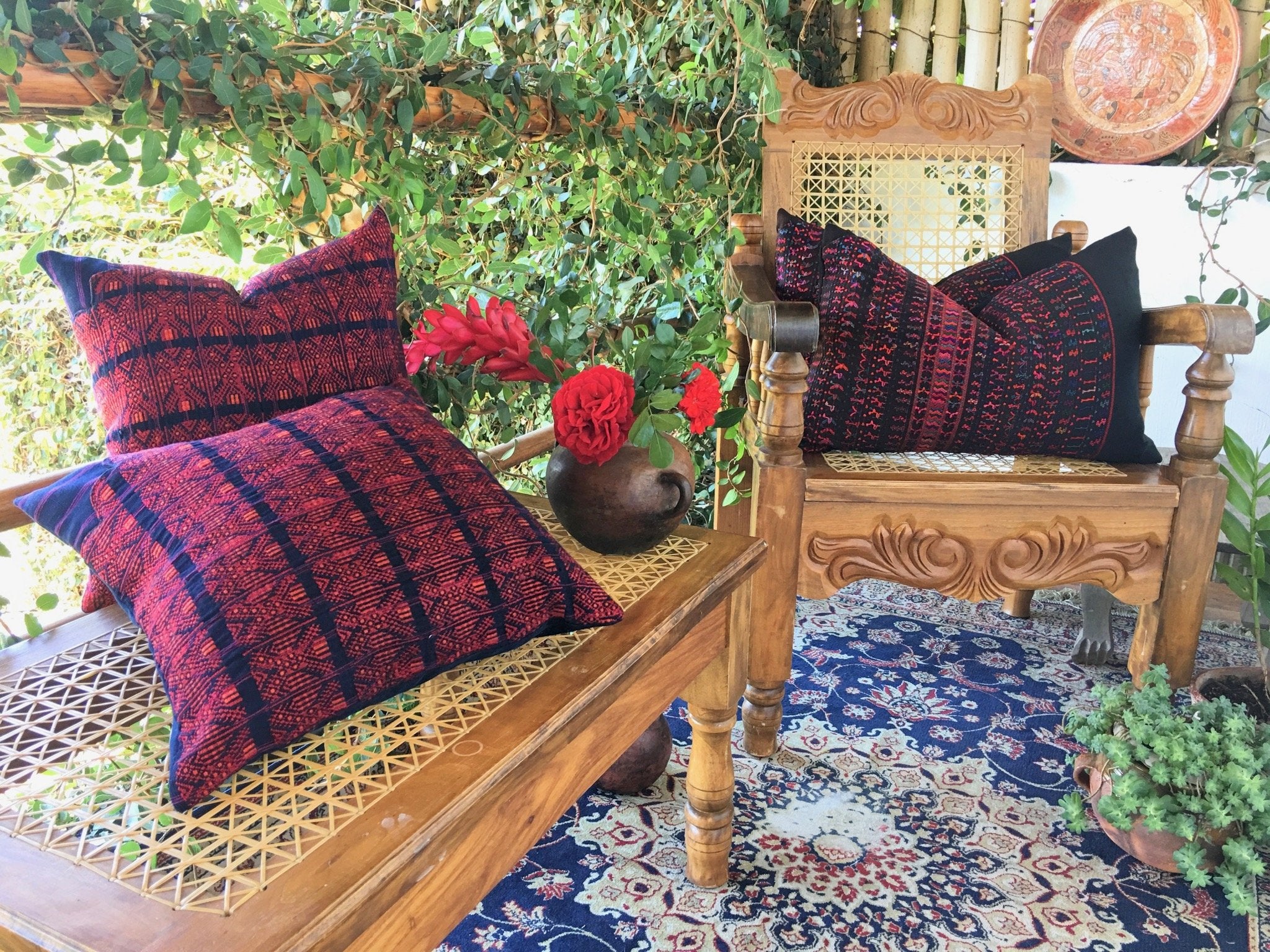 Guatemalan Huipil Pillow, vintage, hand woven black lumbar cushion from San Lucas