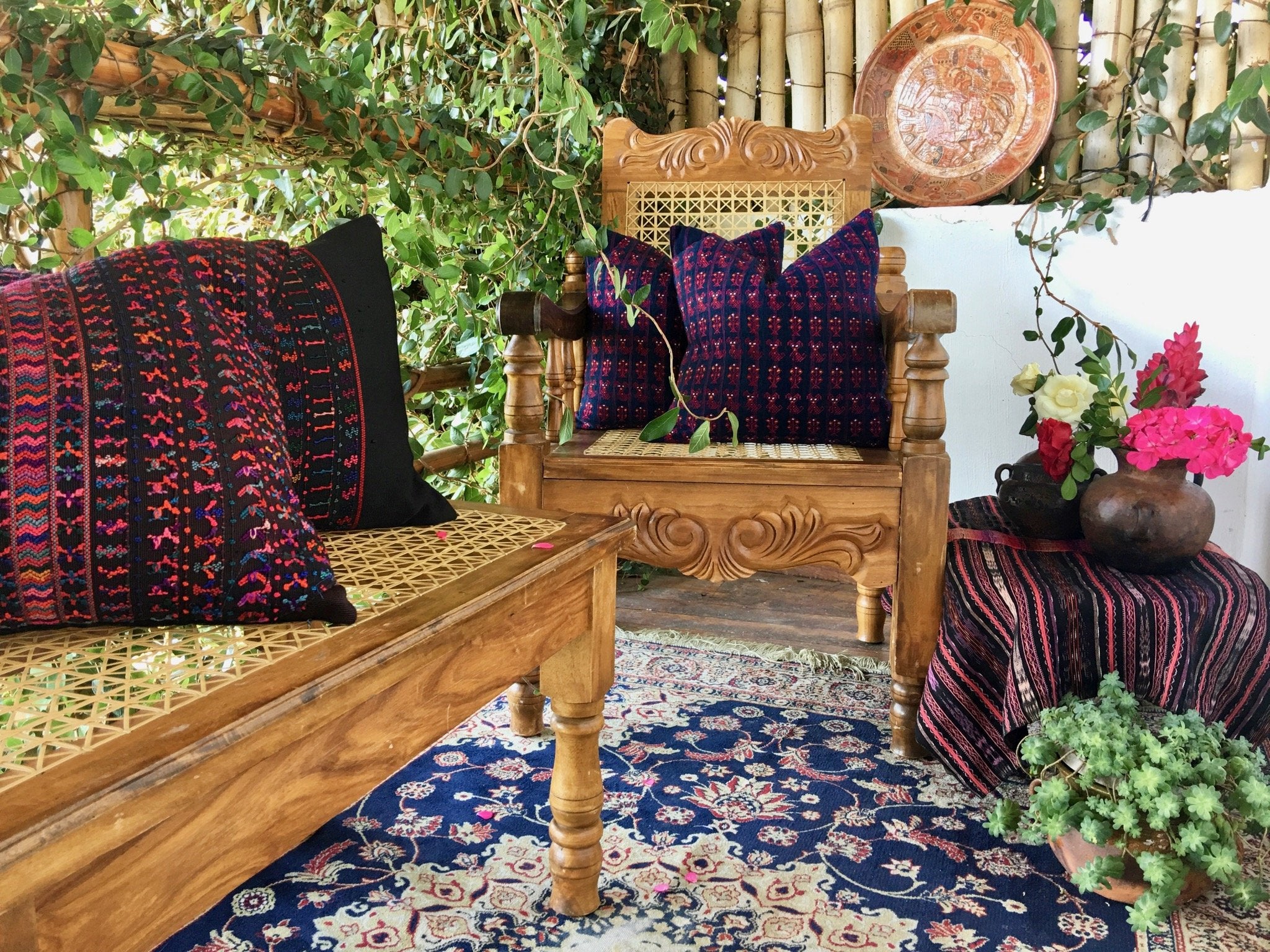 Guatemalan Huipil Pillow, vintage, hand woven black lumbar cushion from San Lucas