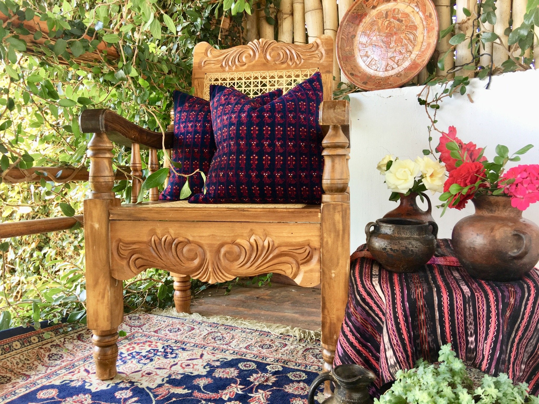 Guatemalan Huipil Pillow, vintage, hand woven blue and pink throw cushion from Nahuala