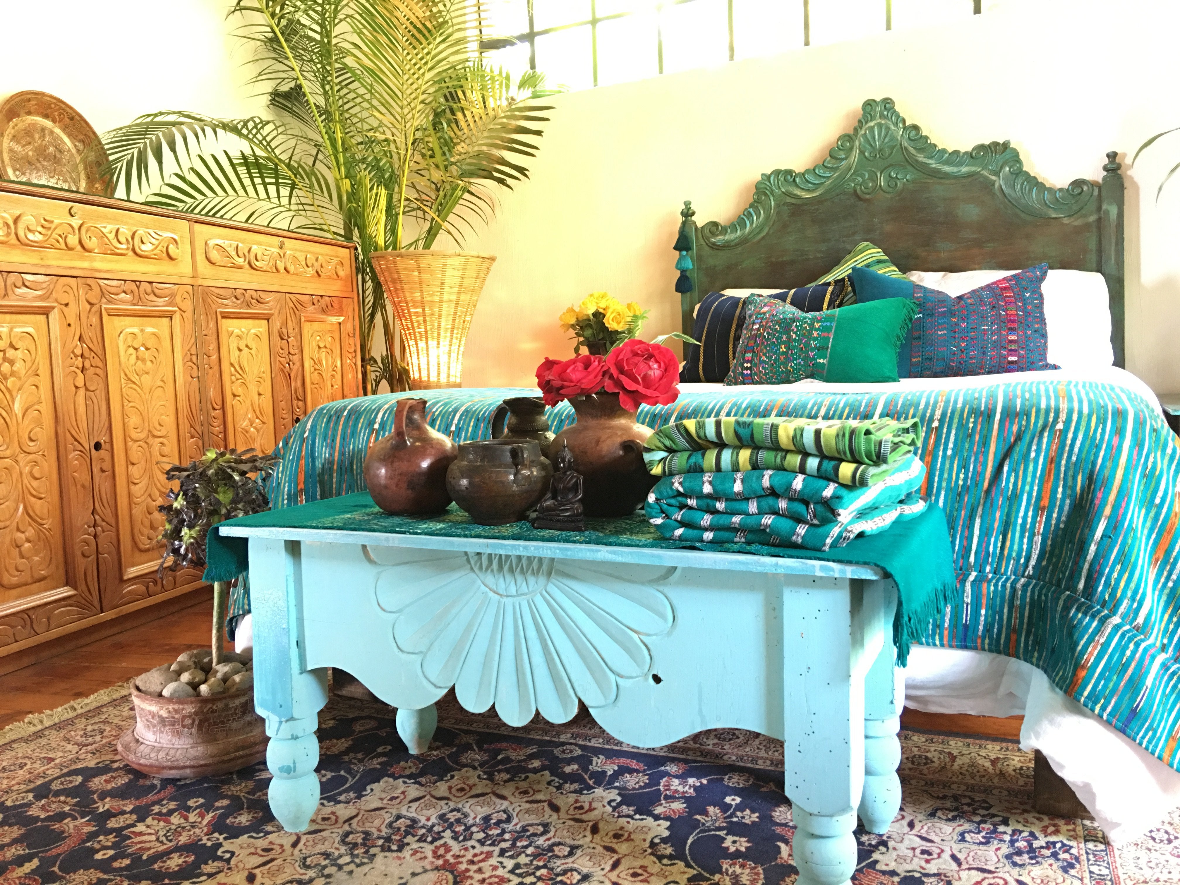 Guatemalan Huipil Pillow, vintage, hand woven teal lumbar cushion from San Lucas
