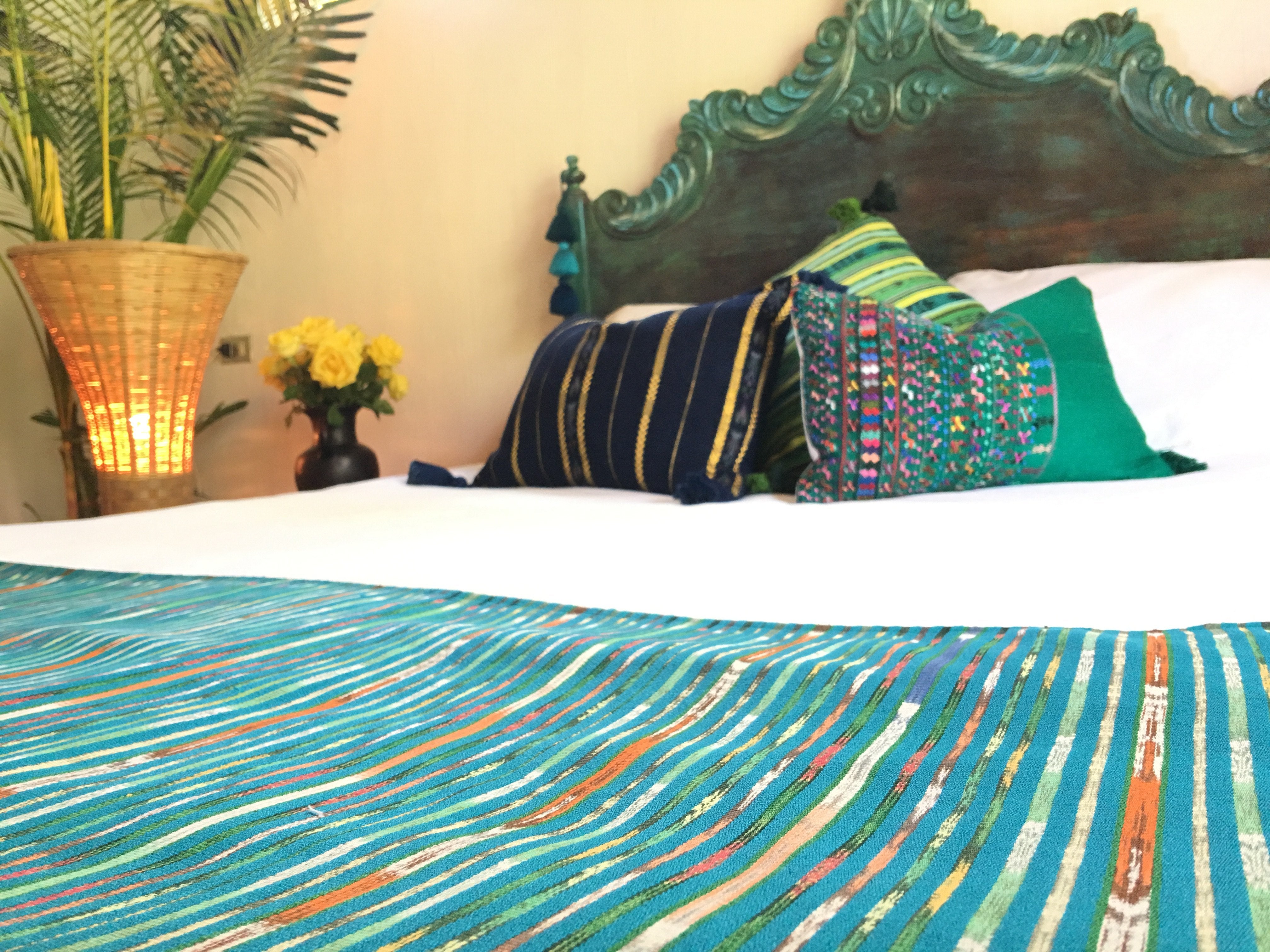 Guatemalan Textile Pillow, vintage, hand woven navy blue and gold striped lumbar cushion with tassels