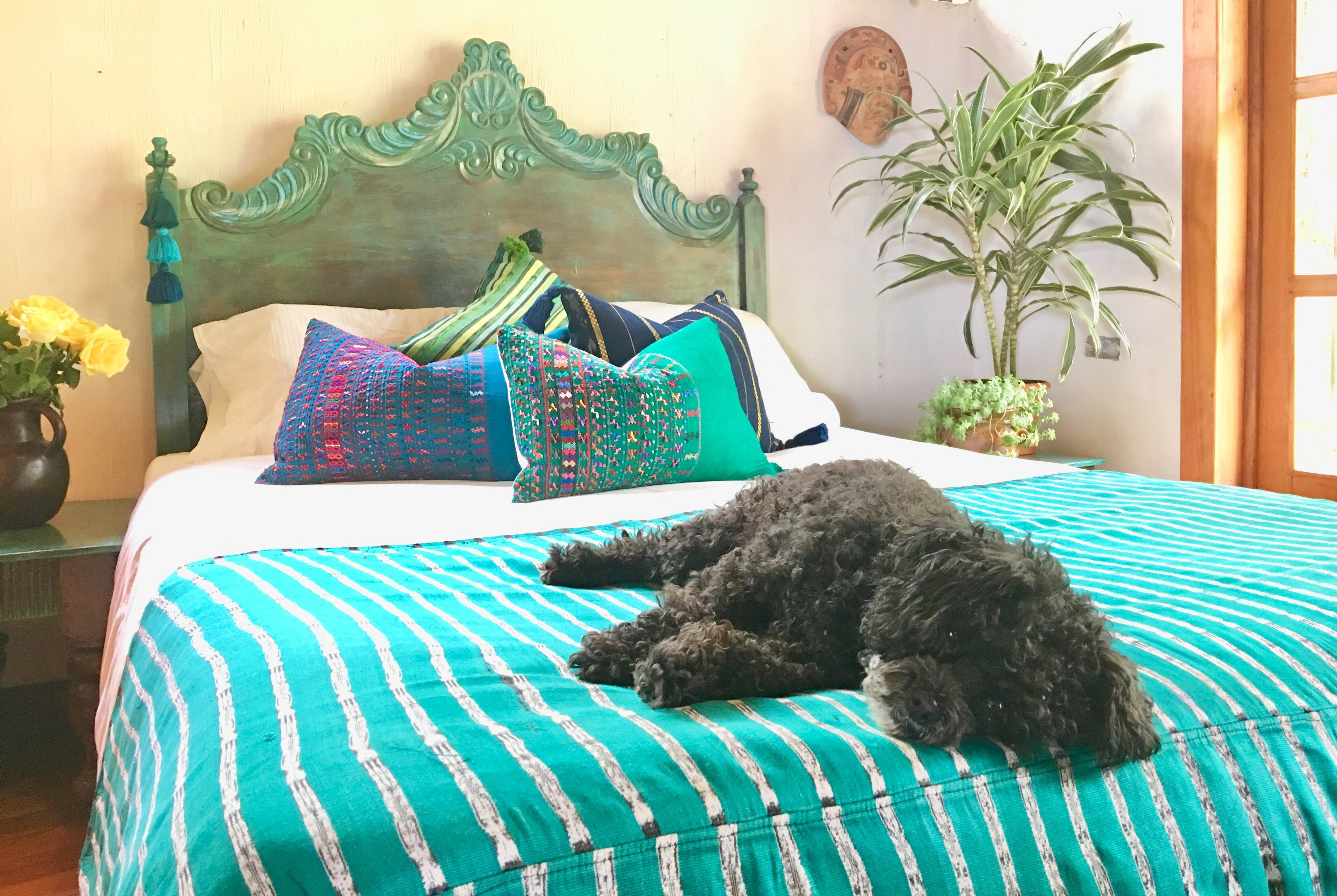 Guatemalan Huipil Pillow, vintage, hand woven teal lumbar cushion from San Lucas