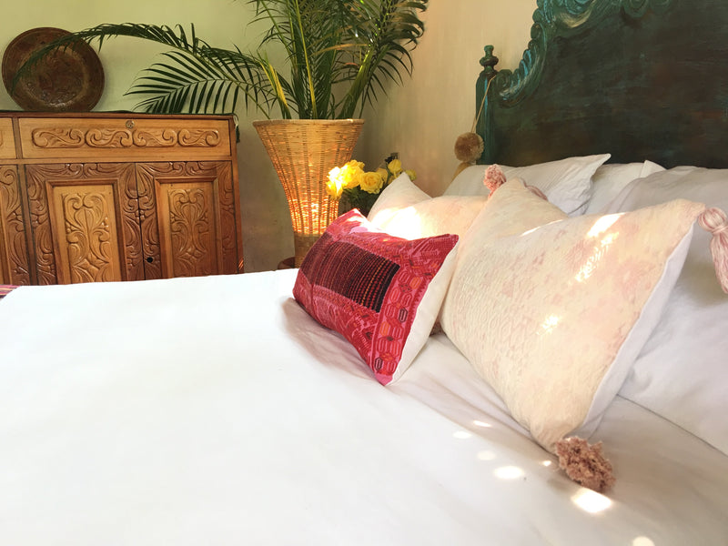Guatemalan Huipil Pillow, vintage, hand woven blush pink lumbar cushion from Coban