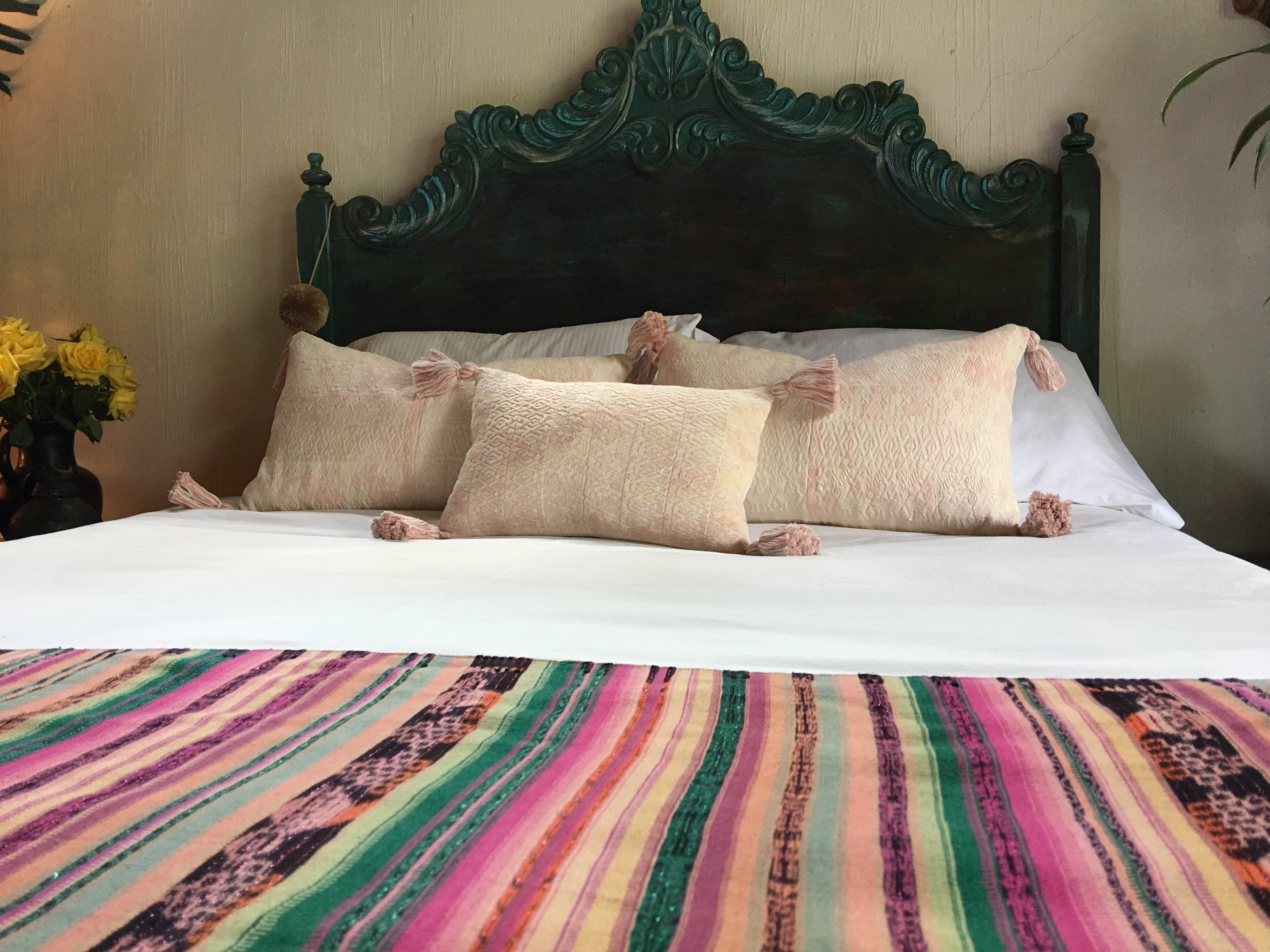 Guatemalan Huipil Pillow, vintage, hand woven blush pink lumbar cushion from Coban