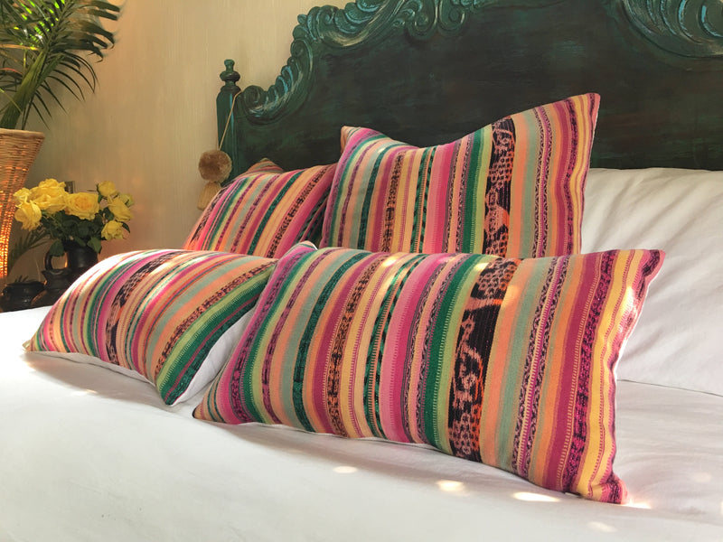 Guatemalan Textile Pillow, vintage, hand woven pink, green, yellow striped ikat throw cushion