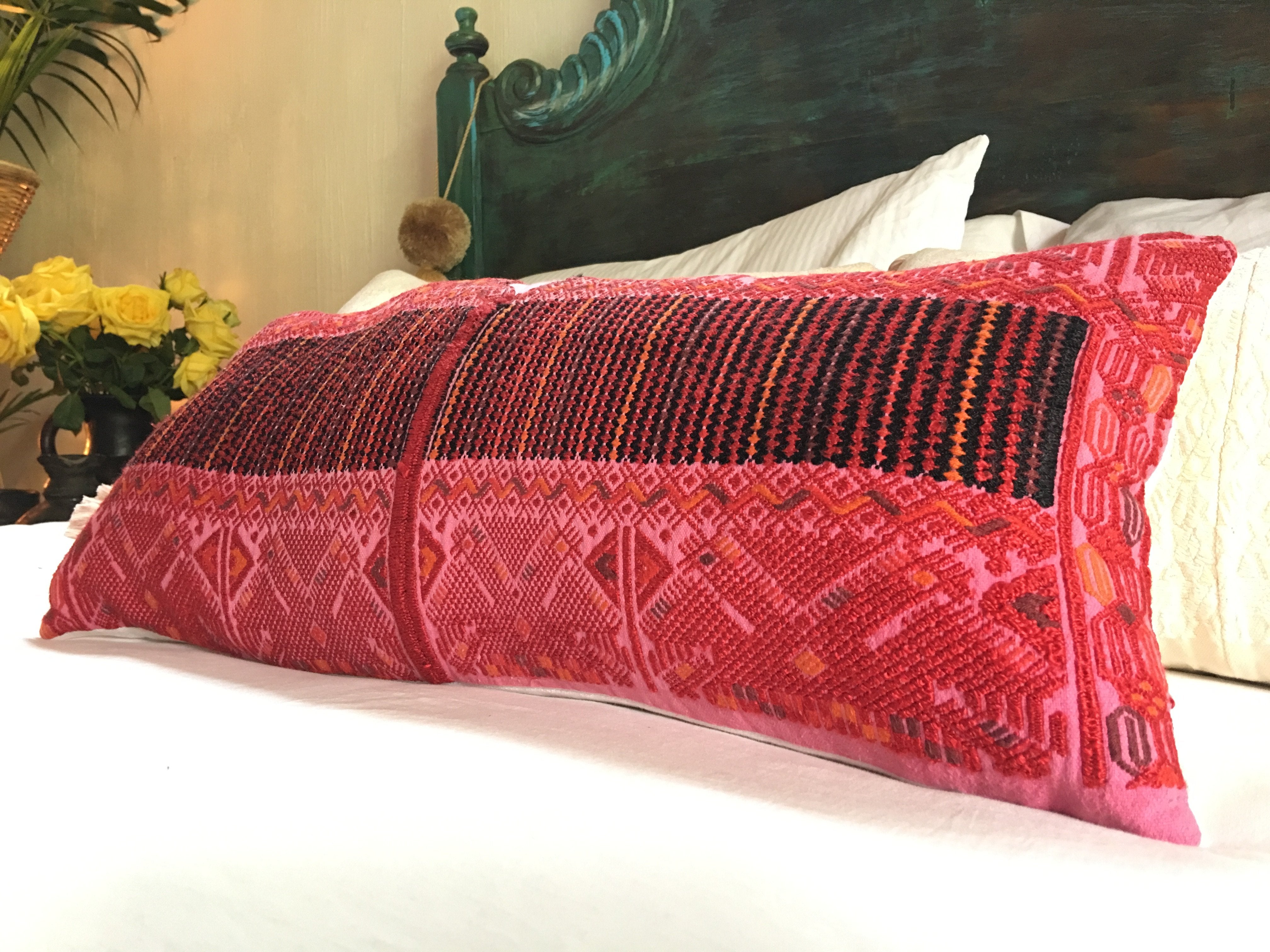 Guatemalan Huipil Pillow, vintage, hand woven bright pink lumbar cushion from Nahuala