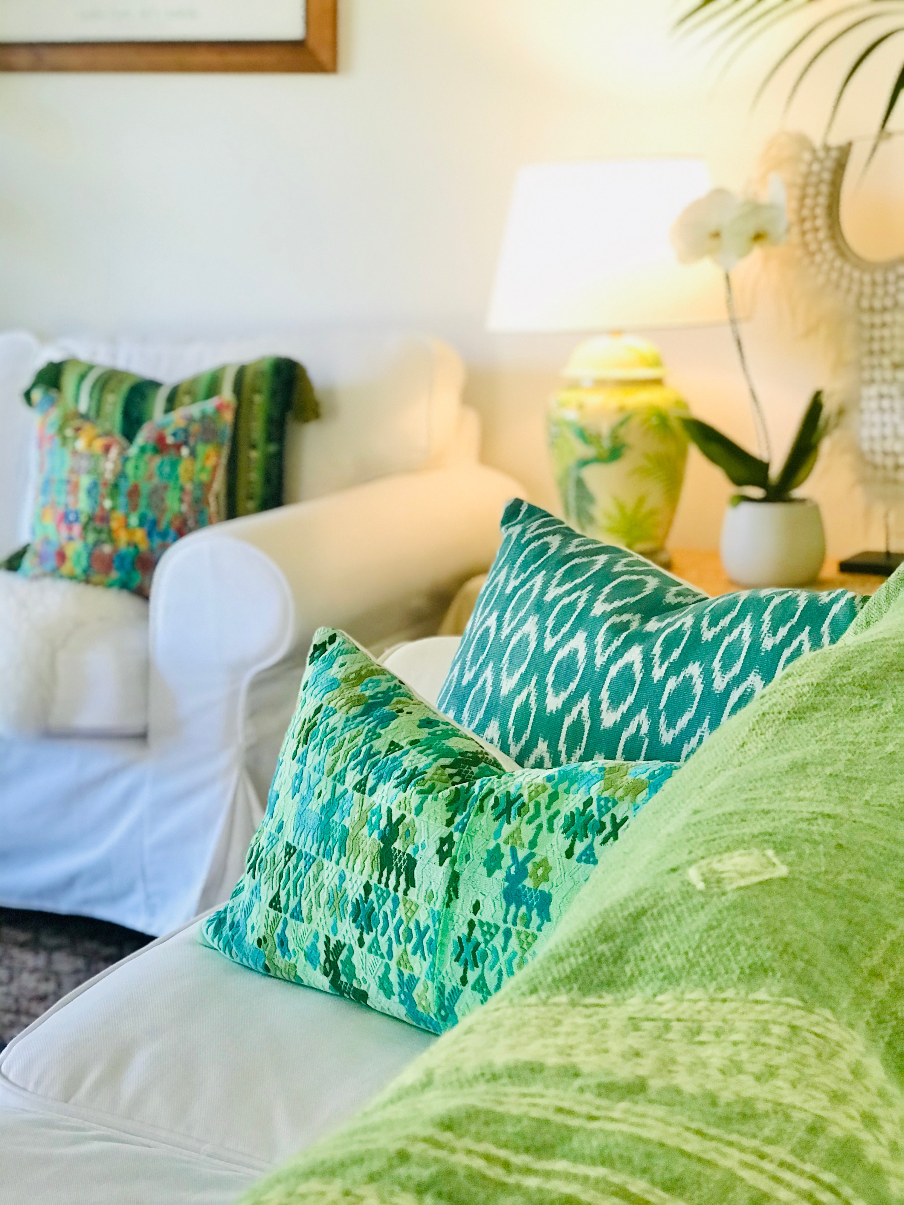 Guatemalan embroidered huipil pillow. Tribal symbols for bohemian decor.