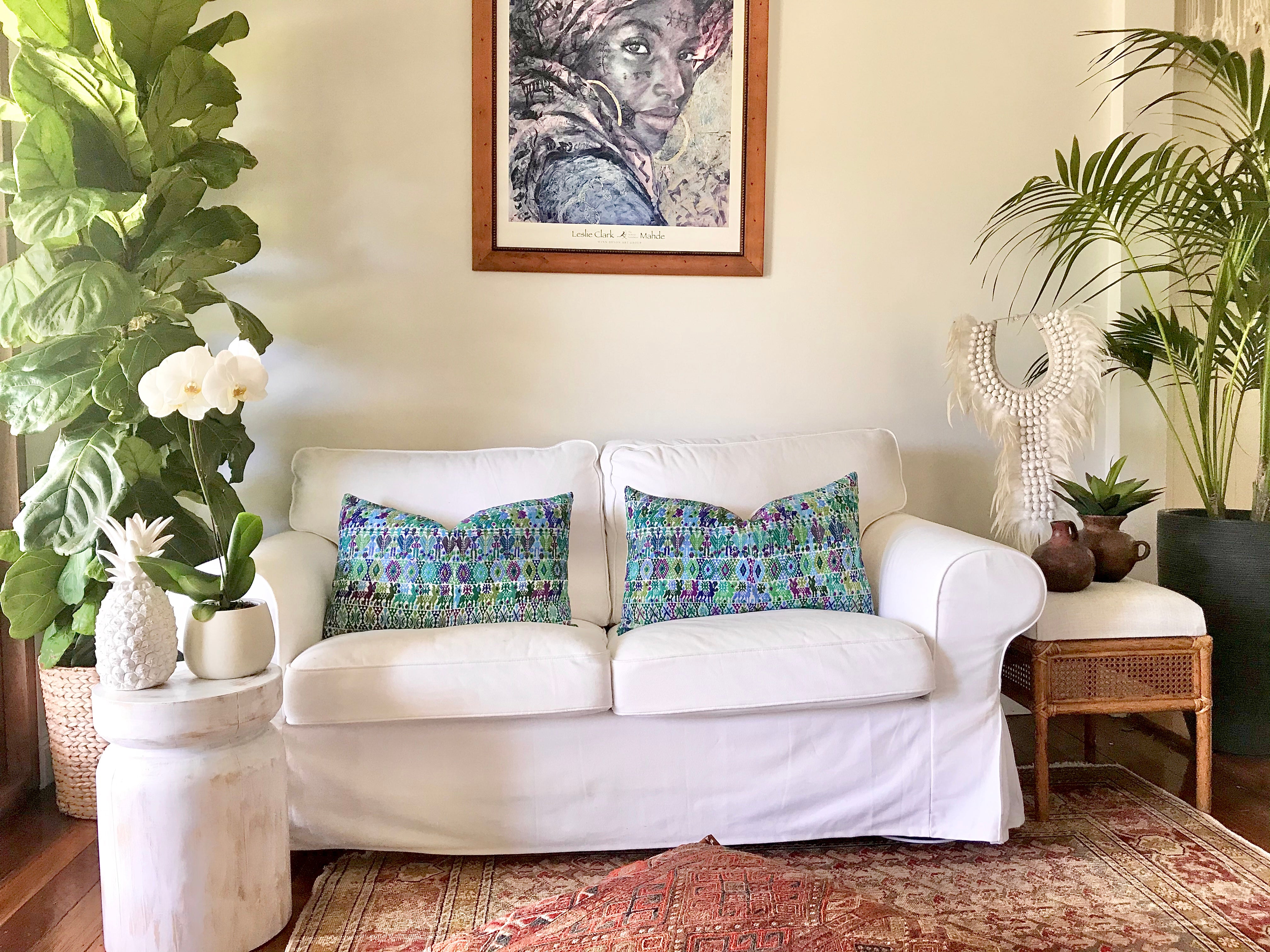 Guatemalan Huipil Textile Pillow, vintage, hand embroidered blue bohemian cushion from Coban