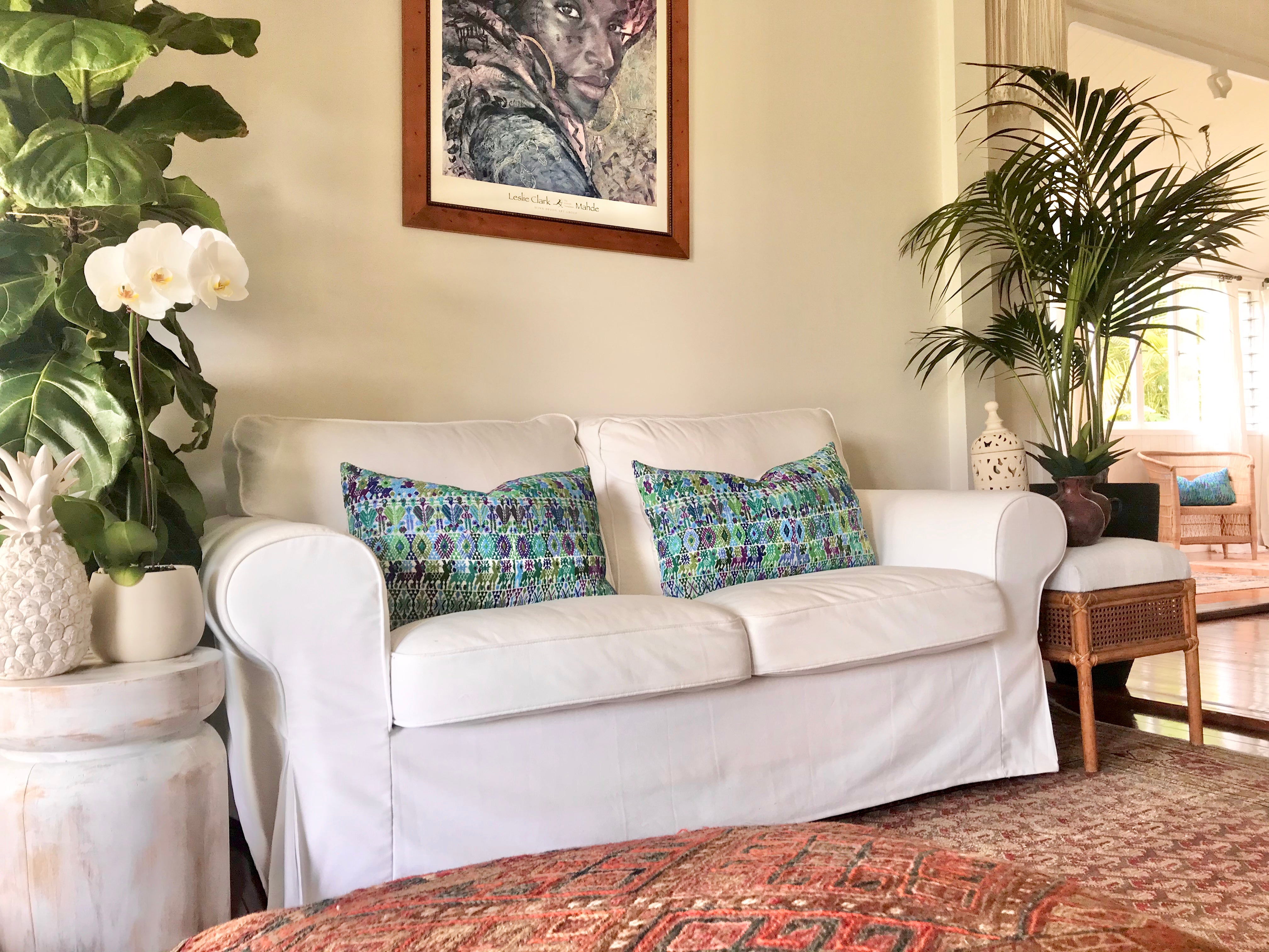 Guatemalan Huipil Textile Pillow, vintage, hand embroidered blue bohemian cushion from Coban