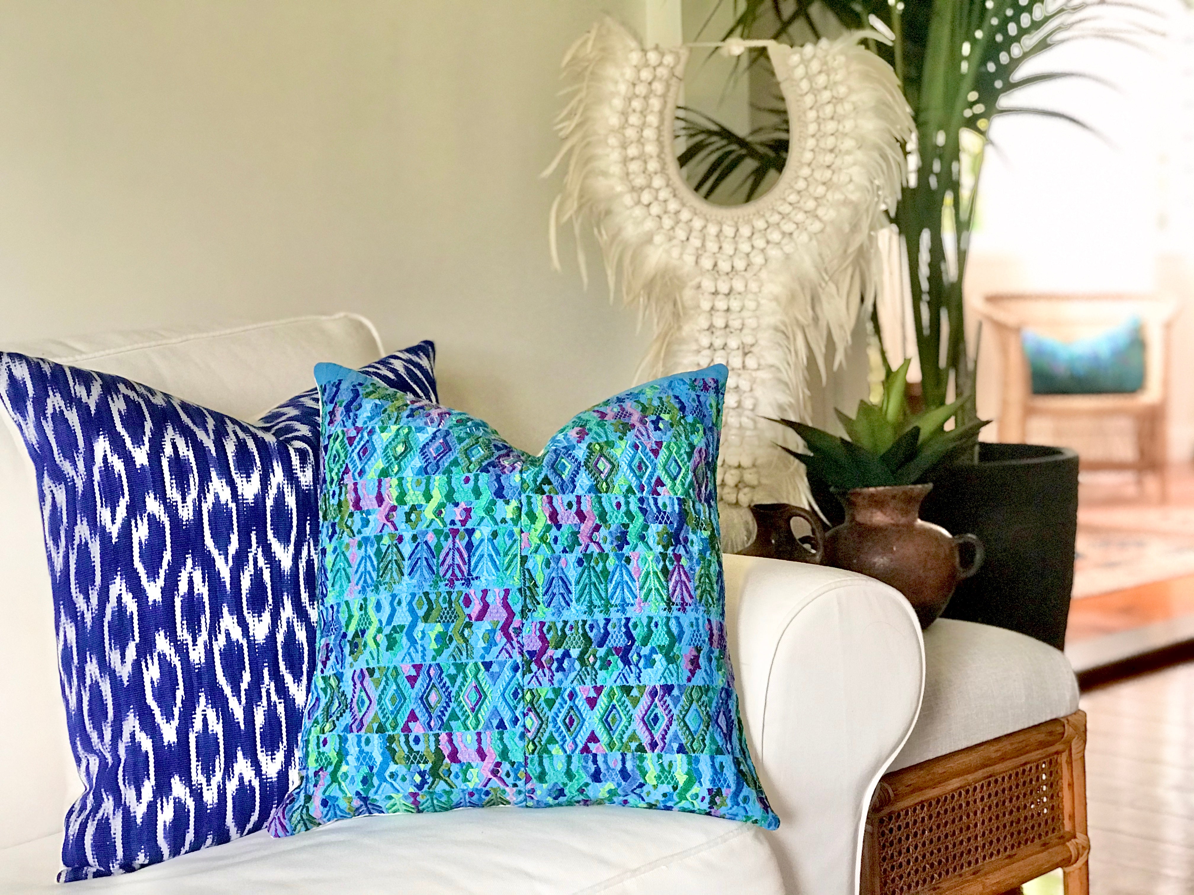 Guatemalan Huipil Textile Pillows, vintage, hand embroidered bohemian cushions