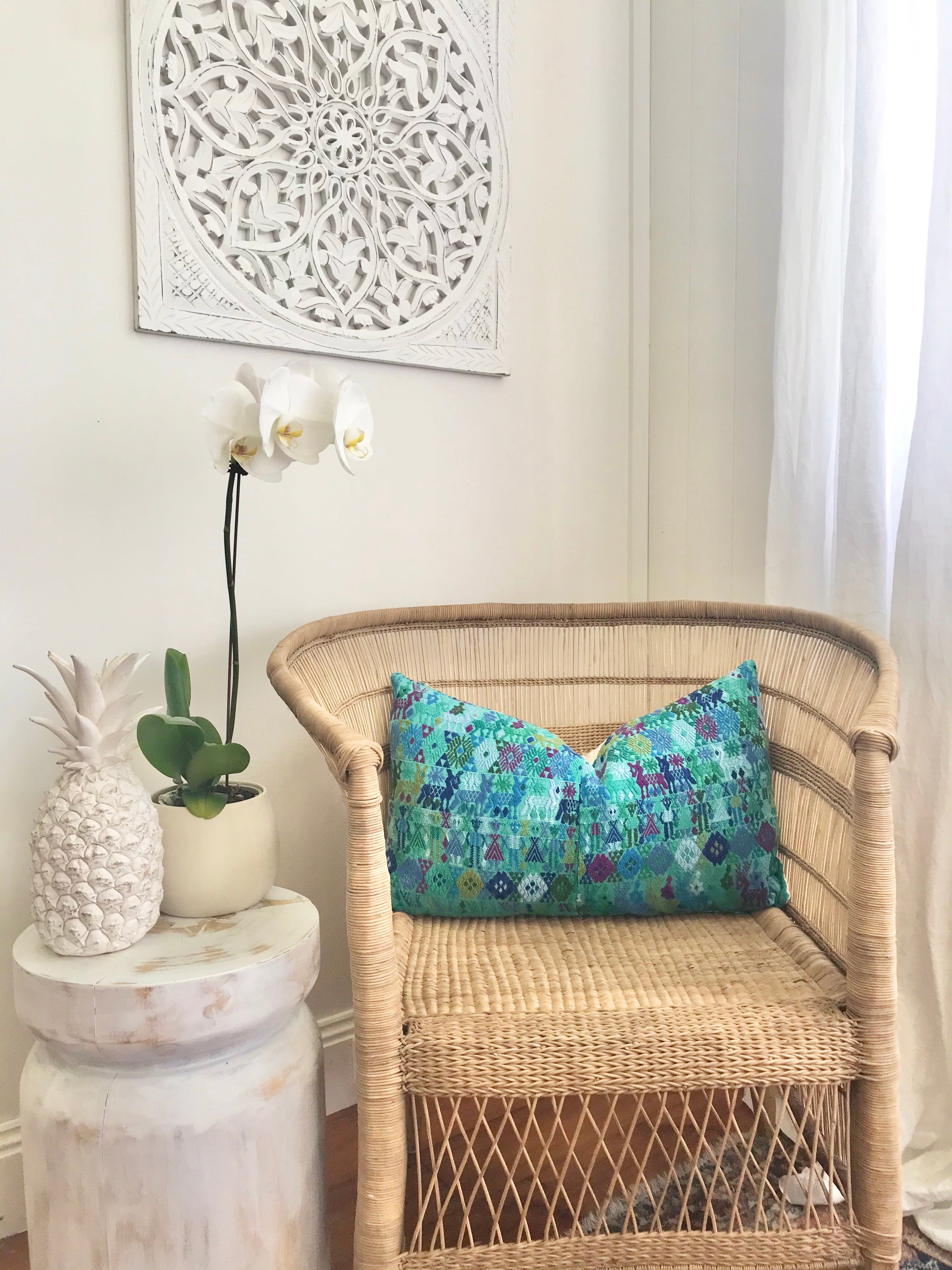Guatemalan Huipil Textile Pillow, vintage, hand embroidered turquoise bohemian cushion from Coban