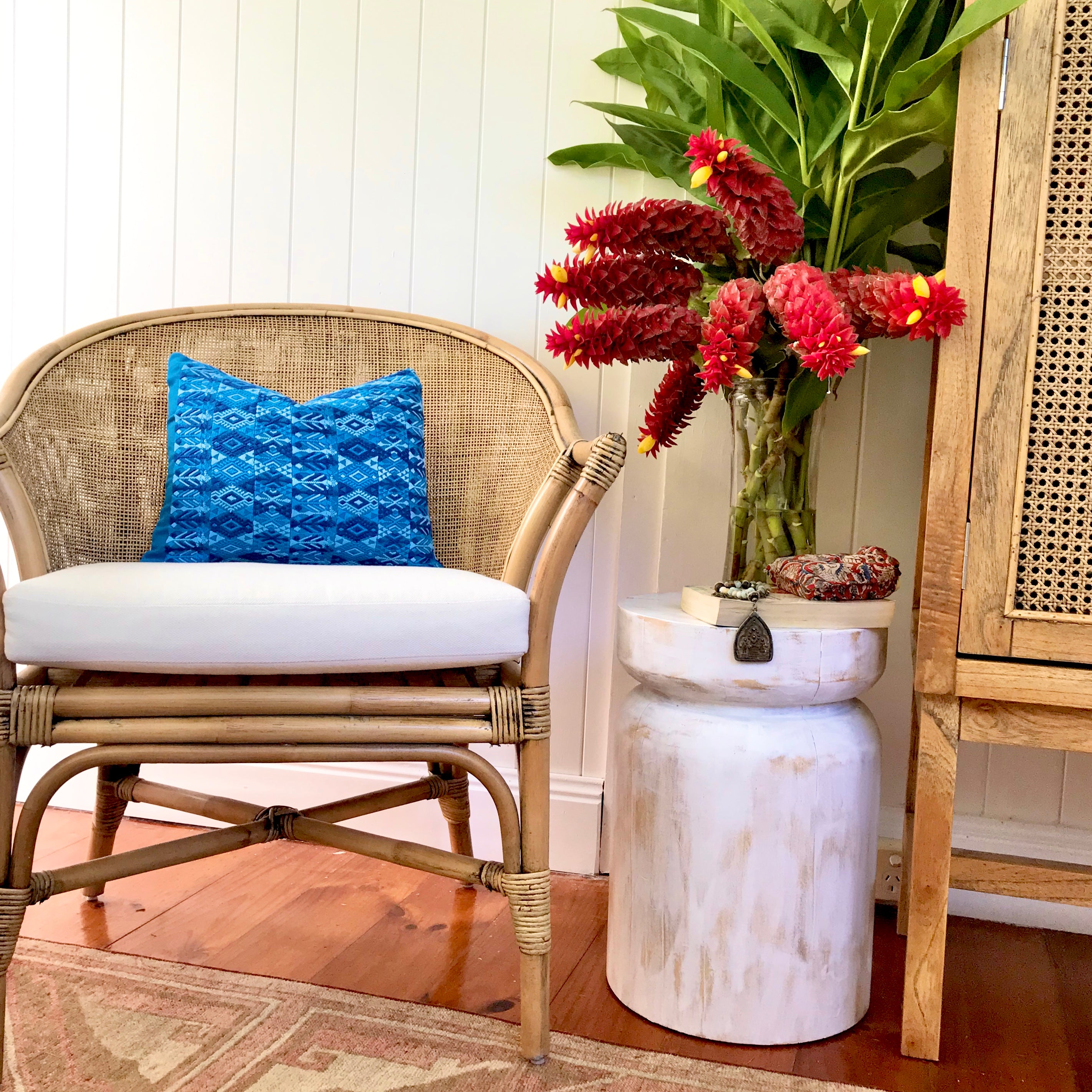 2 Guatemalan Huipil Textile Pillows, vintage, hand embroidered blue bohemian cushions from Coban