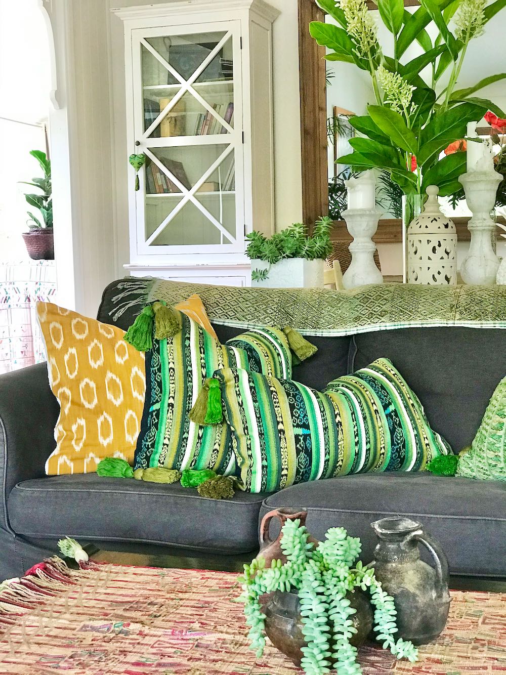 Guatemalan Textile Pillow, vintage, hand woven green striped ikat throw cushion with tassels