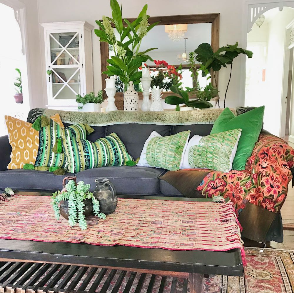 Guatemalan Corte Pillow, vintage, hand woven green striped ikat lumbar cushion with tassels