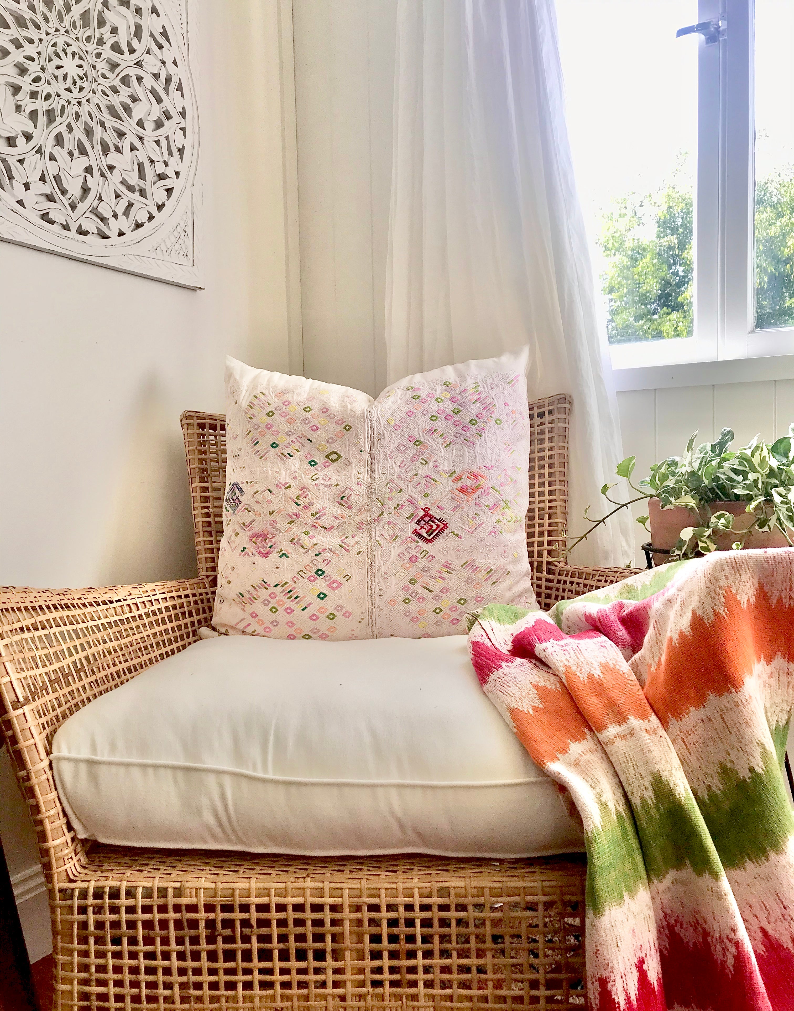 Guatemalan Huipil Textile Pillows, vintage, hand embroidered pale pink abstract cushion from Nahuala