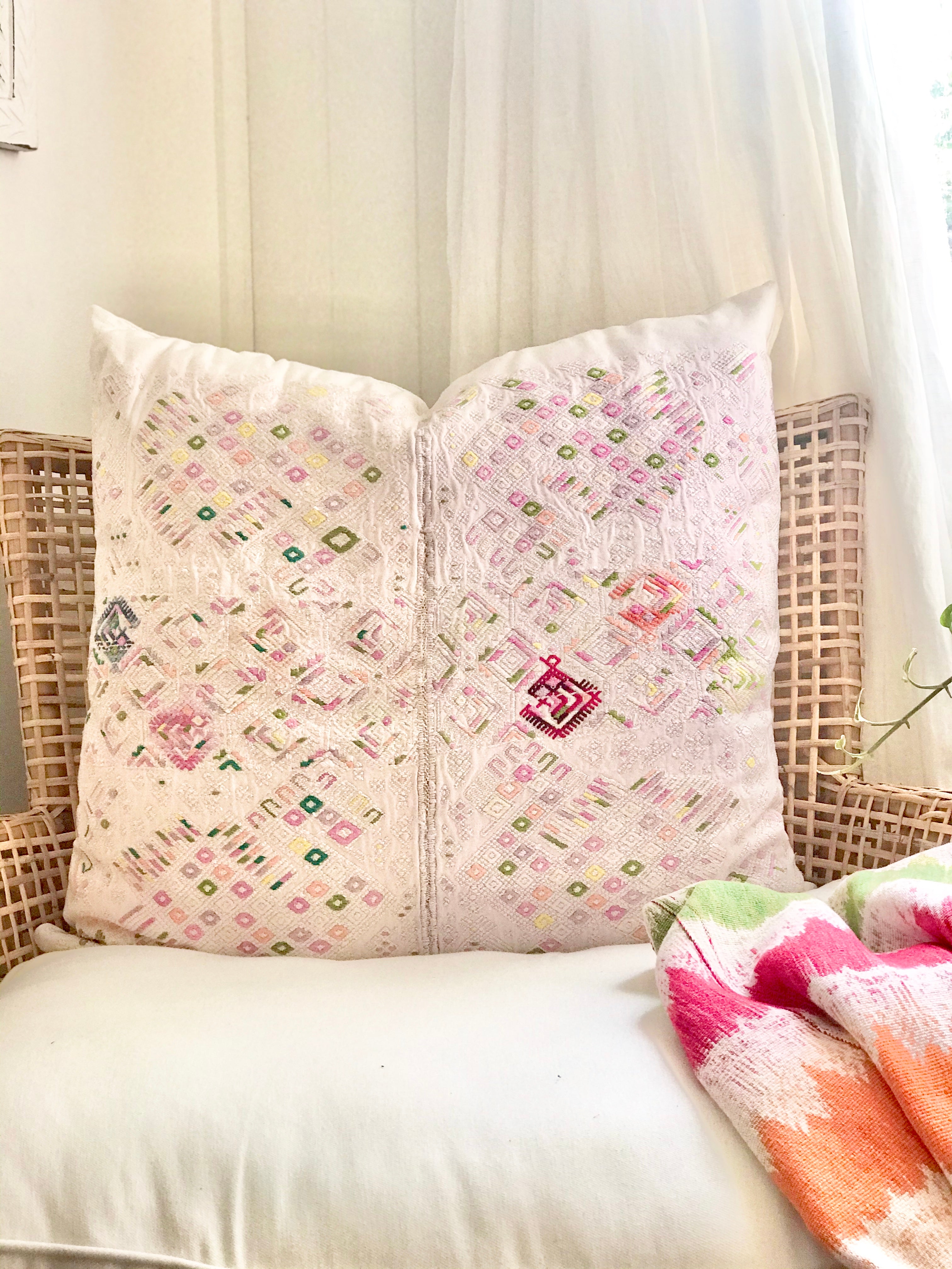 Guatemalan Huipil Textile Pillows, vintage, hand embroidered pale pink abstract cushion from Nahuala