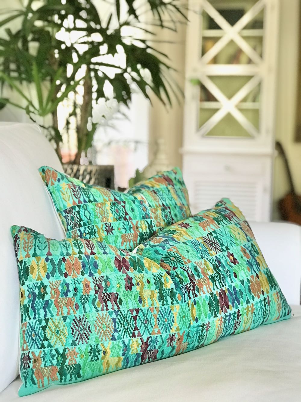 Guatemalan Huipil Pillow, vintage, hand woven colourful turquoise embroidered lumbar cushion from Coban