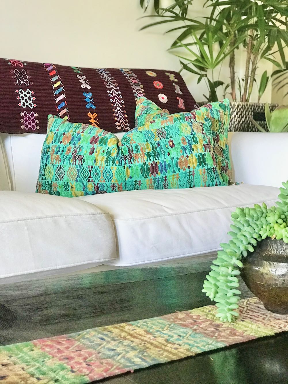 Guatemalan Huipil Pillow, vintage, hand woven colourful turquoise embroidered lumbar cushion from Coban