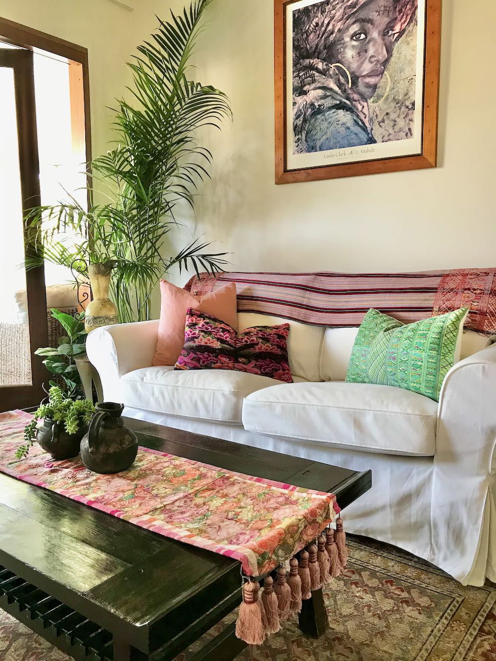 Guatemalan Textile, pink floral table runner with tassels made from a Nahuala huipil