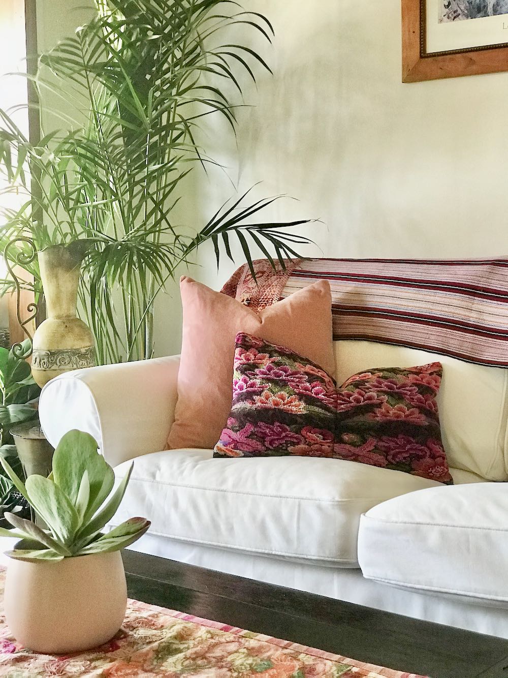 Guatemalan Huipil Pillow, Vintage, hand woven coral and fuchsia floral lumbar cushion from Chichicastenango