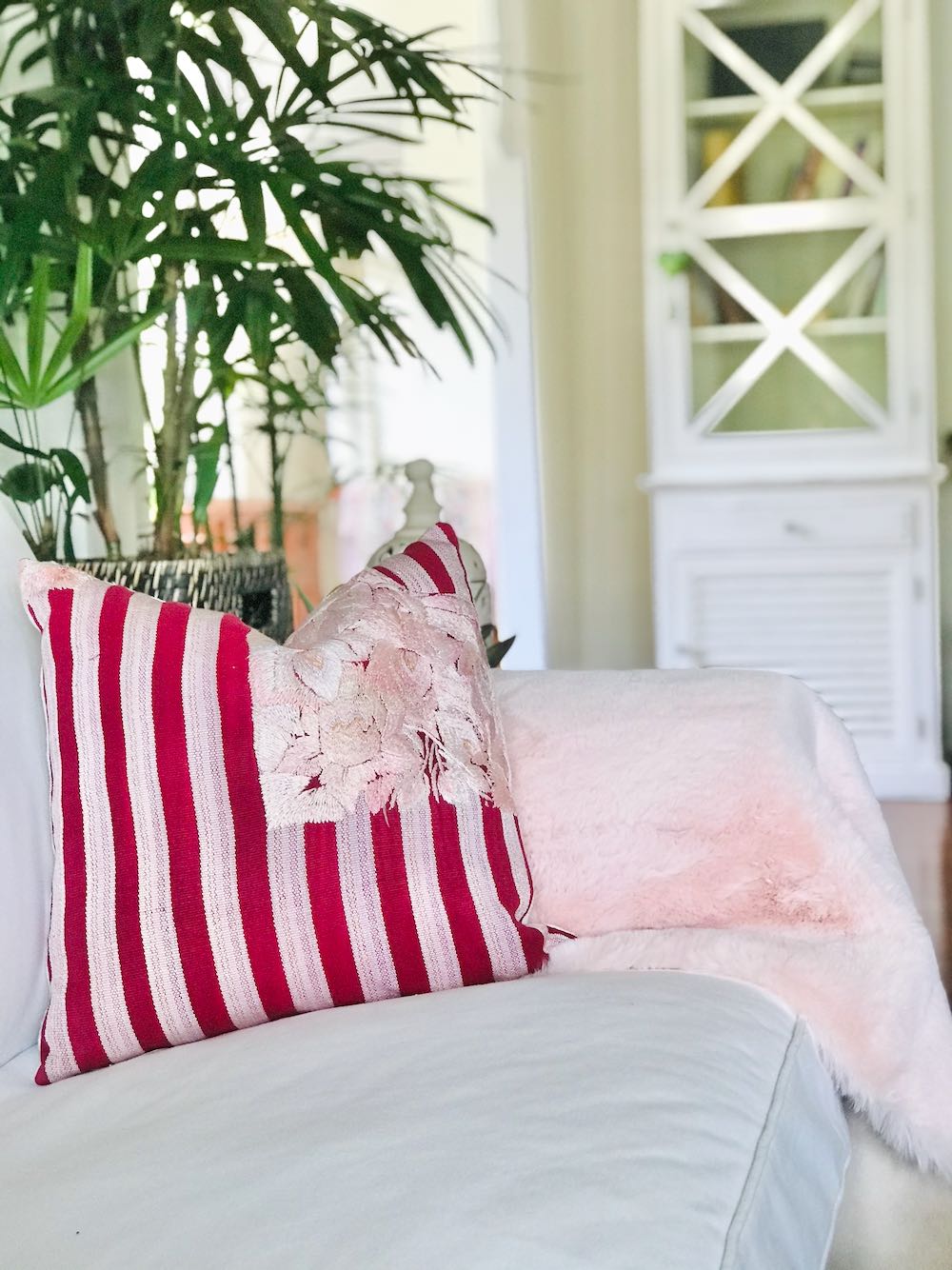 Guatemalan Huipil Pillow, vintage, hand woven red and pink striped floral throw cushion from Patzun
